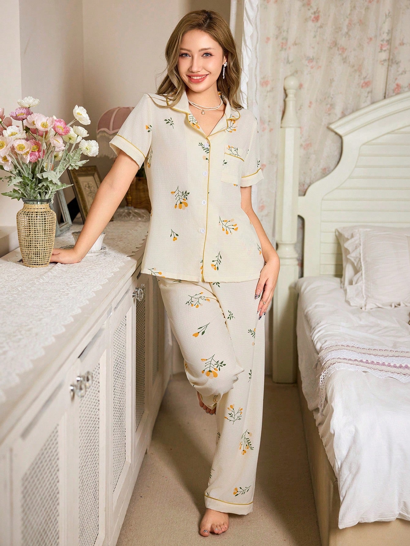 Women Floral Print Pajama Set With Contrast Trim Pocket Design Summer Pj Sets