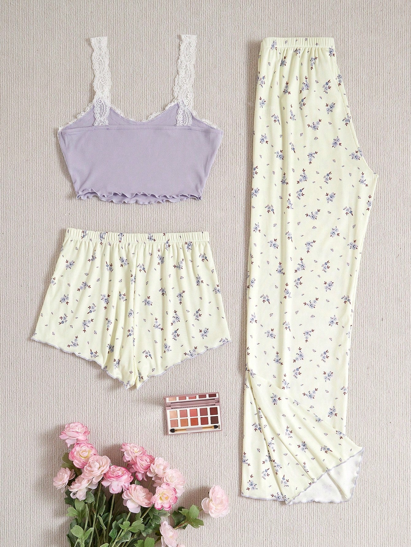 Women's Lace Trim Cami Top And Floral Print Shorts & Long Pants