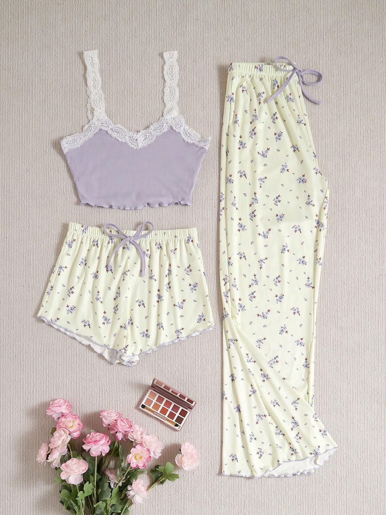 Women's Lace Trim Cami Top And Floral Print Shorts & Long Pants