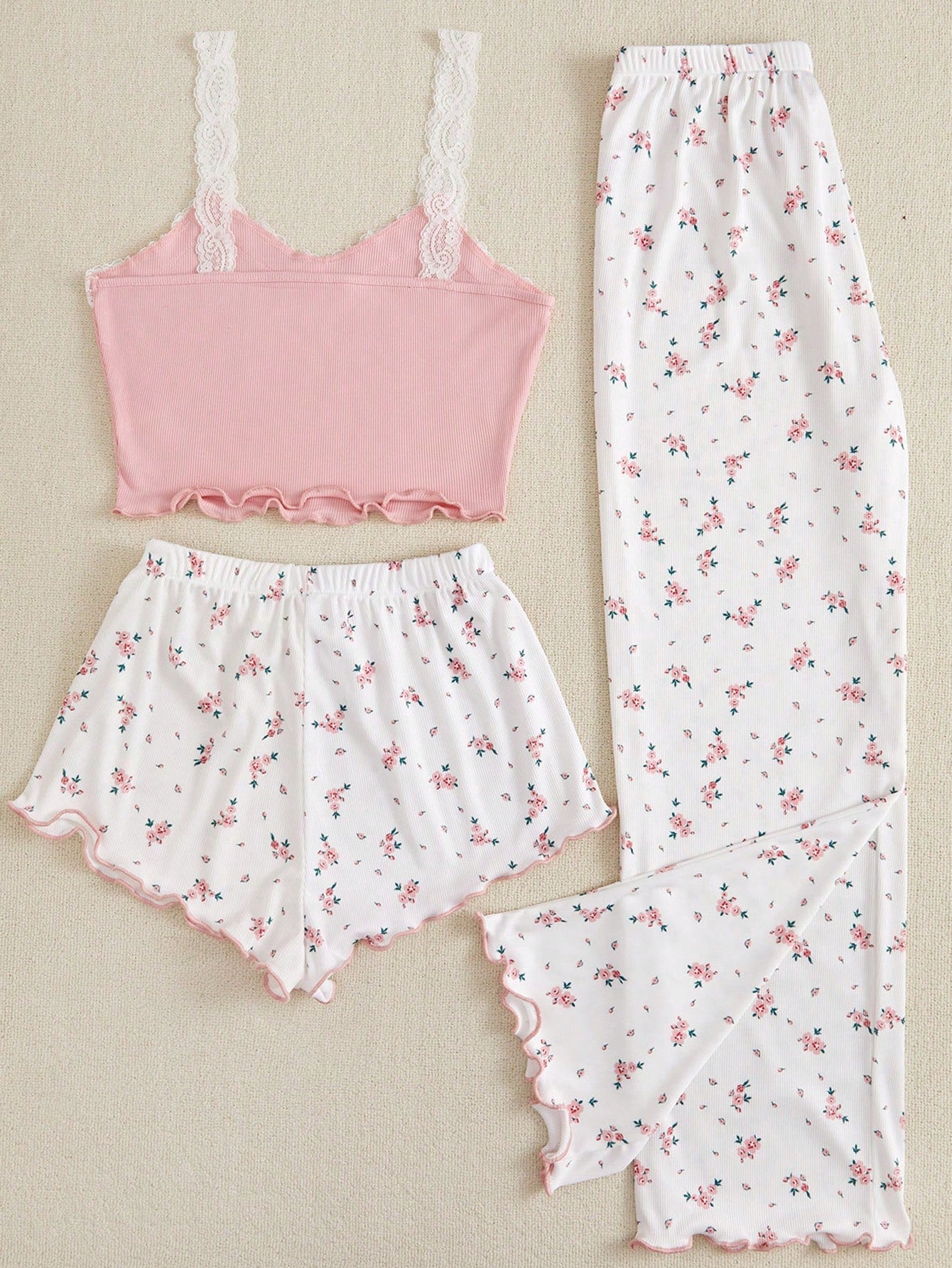Women's Lace Trim Cami Top And Floral Print Shorts & Long Pants