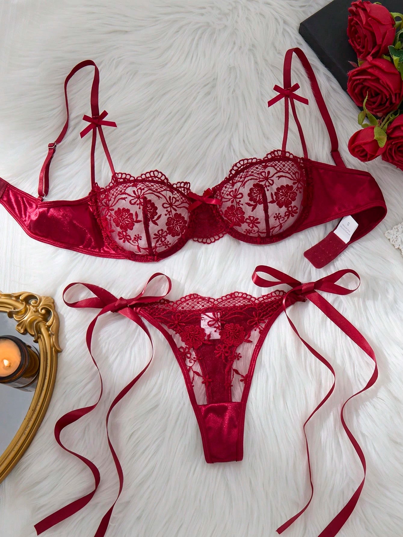Romantic Embroidery Lace-Up Thong Lingerie Set