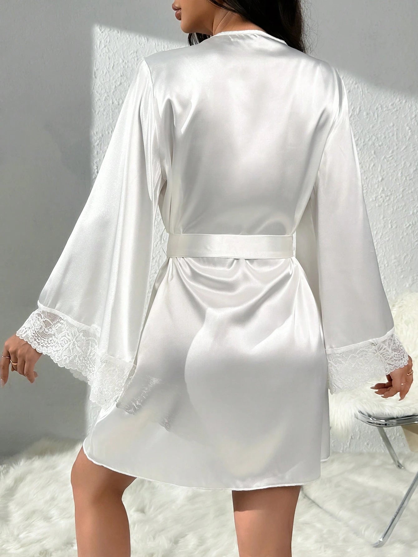Women's Lace Trimmed Bathrobe With Waist Belt Luxe Loungewear