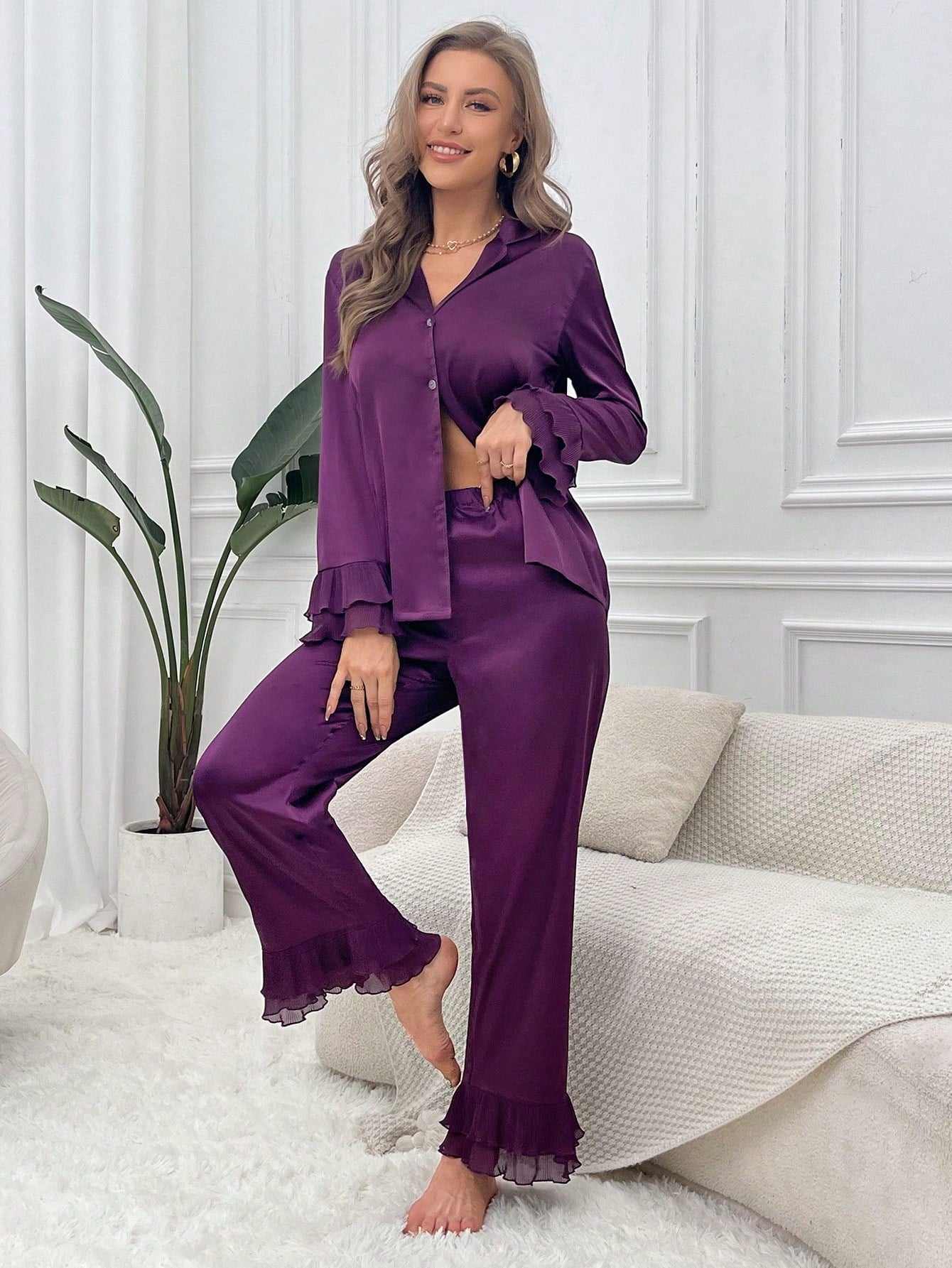 Flounce Sleeve Satin PJ Set