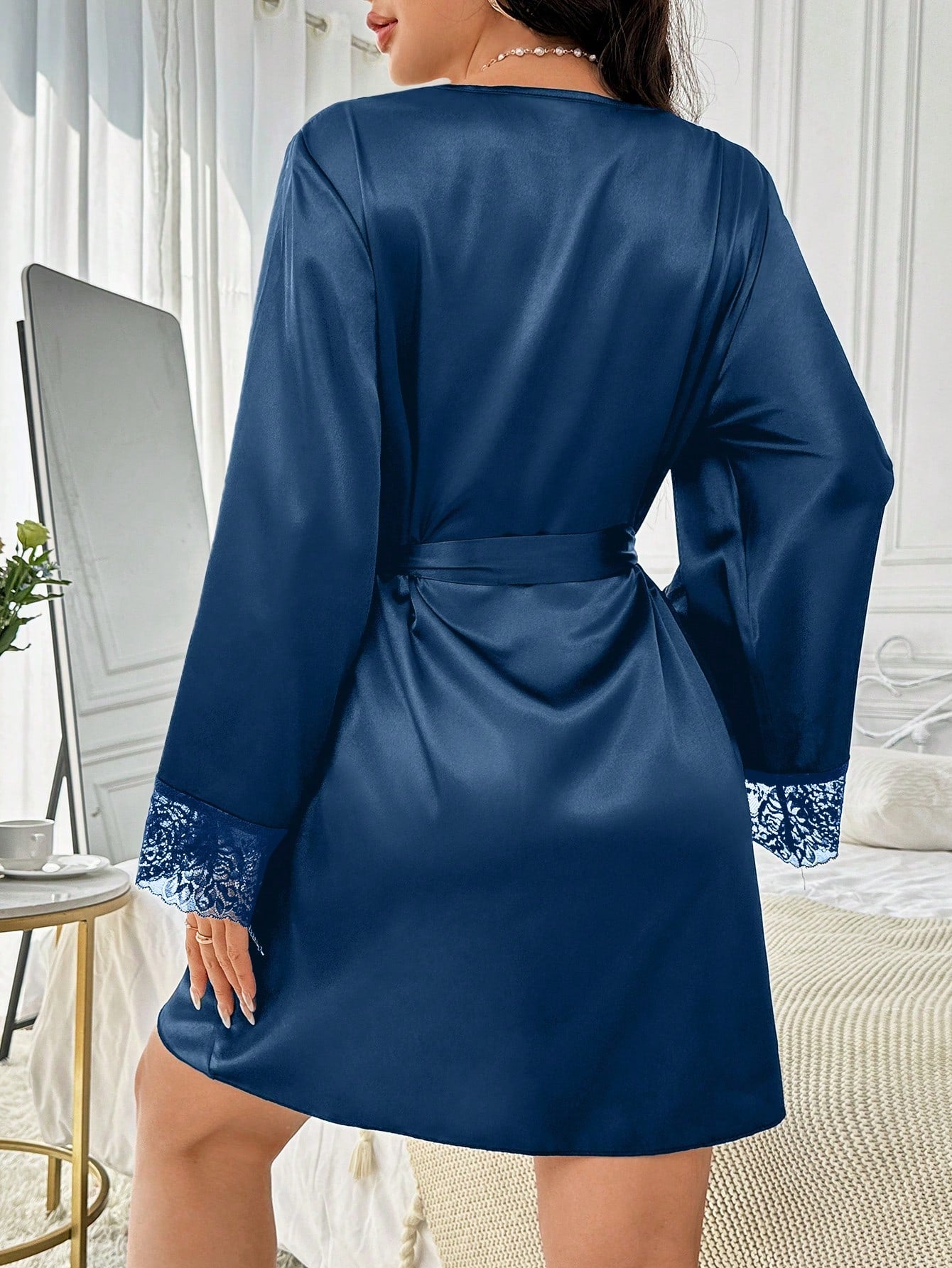 Women's Lace Trimmed Bathrobe With Waist Belt Luxe Loungewear