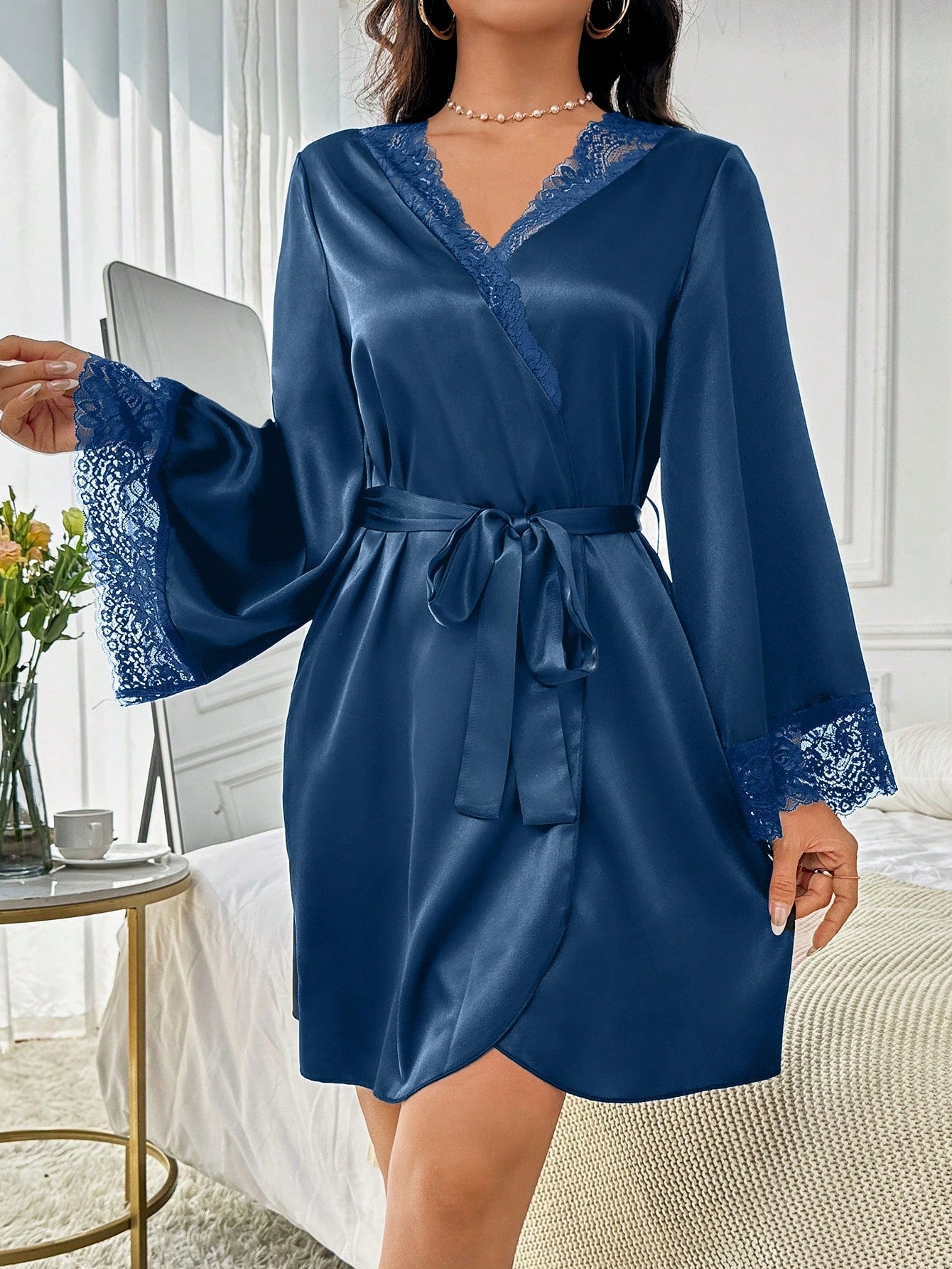 Women's Lace Trimmed Bathrobe With Waist Belt Luxe Loungewear