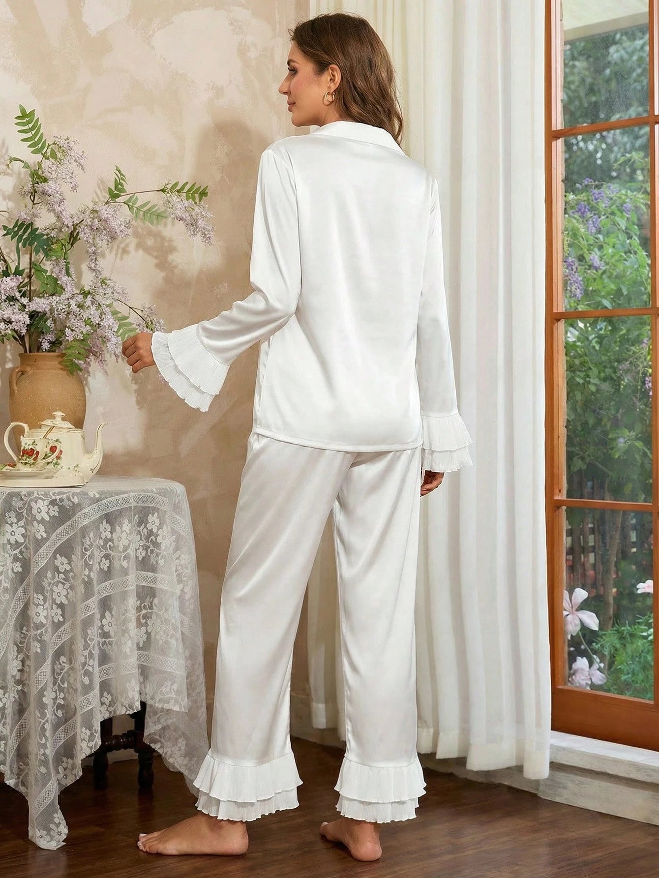 Flounce Sleeve Satin PJ Set