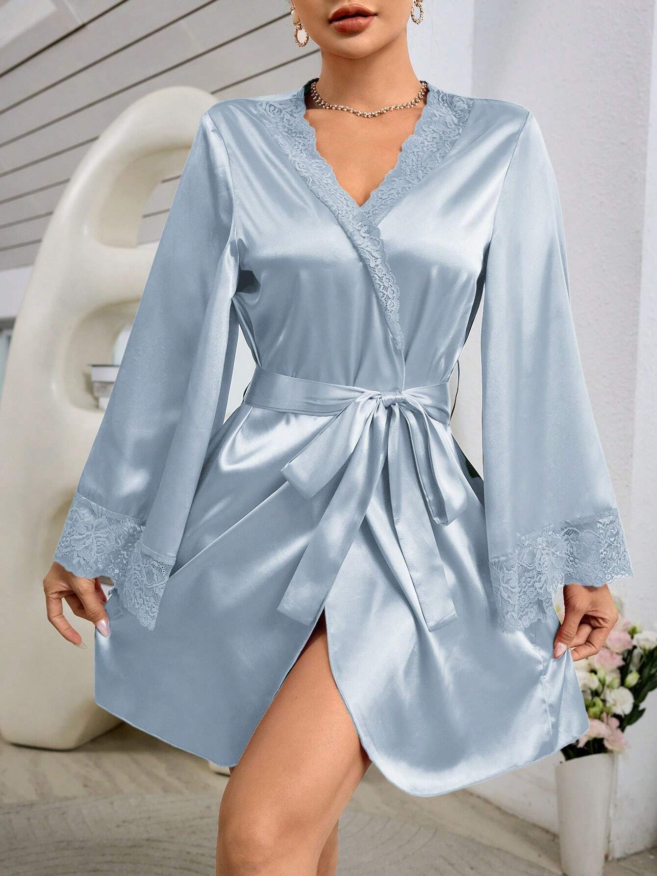Women's Lace Trimmed Bathrobe With Waist Belt Luxe Loungewear