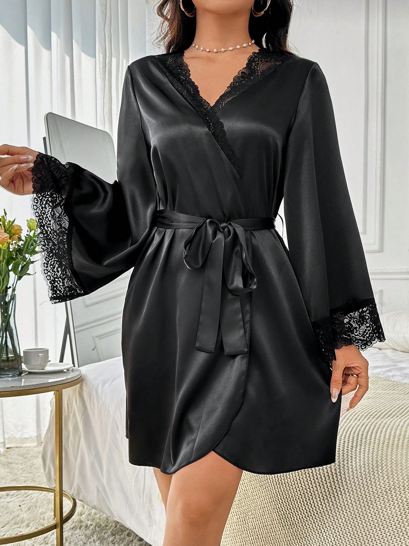Women's Lace Trimmed Bathrobe With Waist Belt Luxe Loungewear