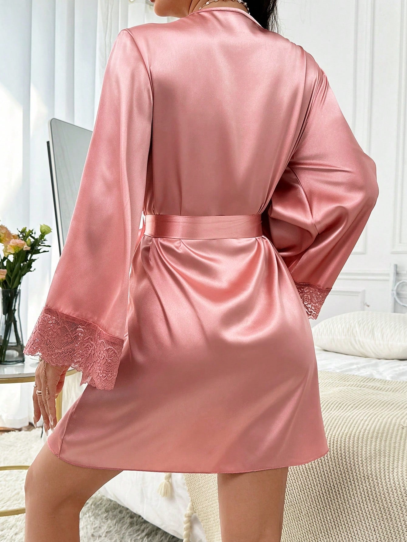Women's Lace Trimmed Bathrobe With Waist Belt Luxe Loungewear