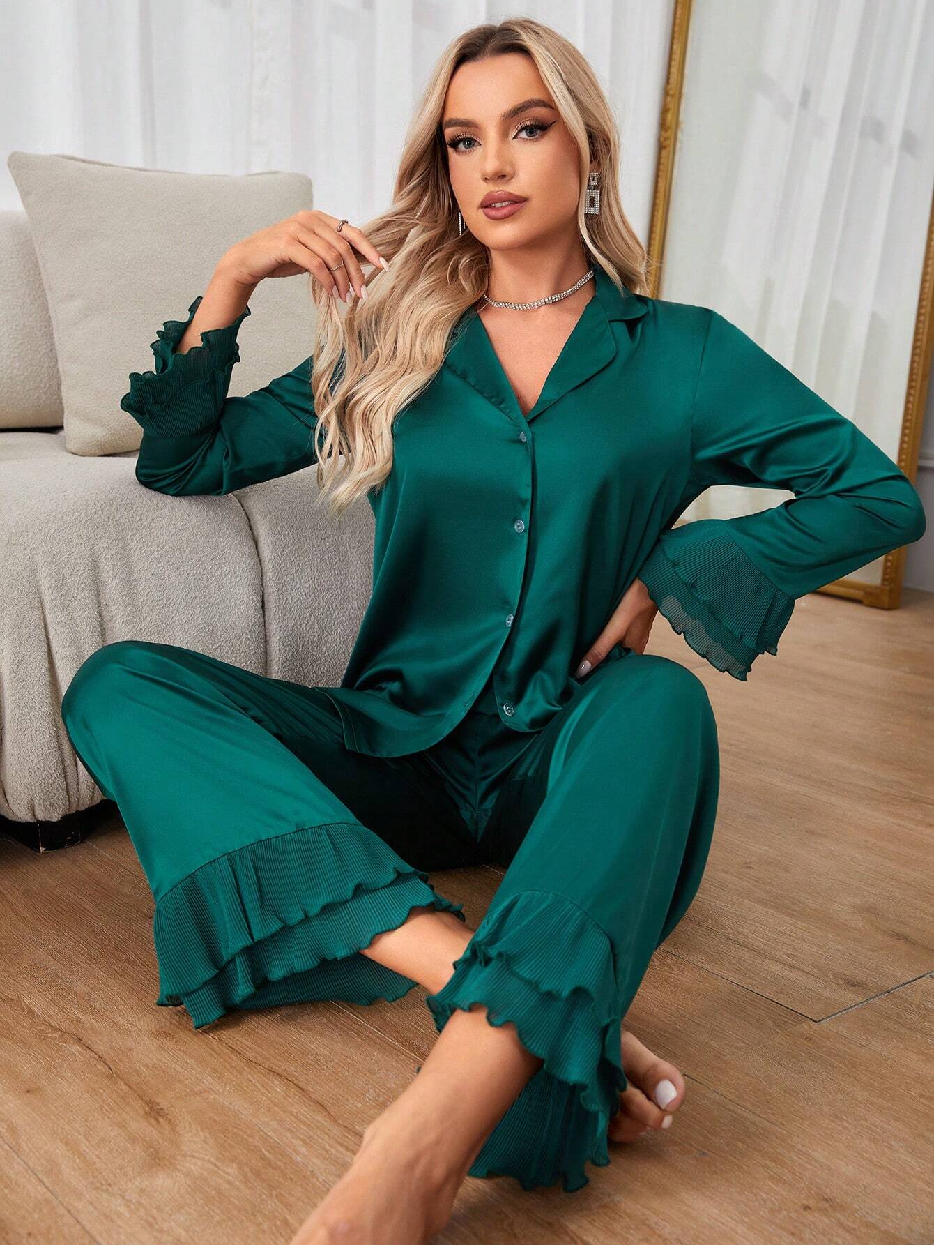 Flounce Sleeve Satin PJ Set