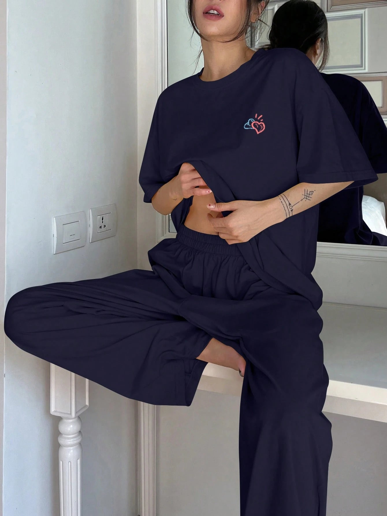 2pcs Women Loose Short Sleeve Pajama Set