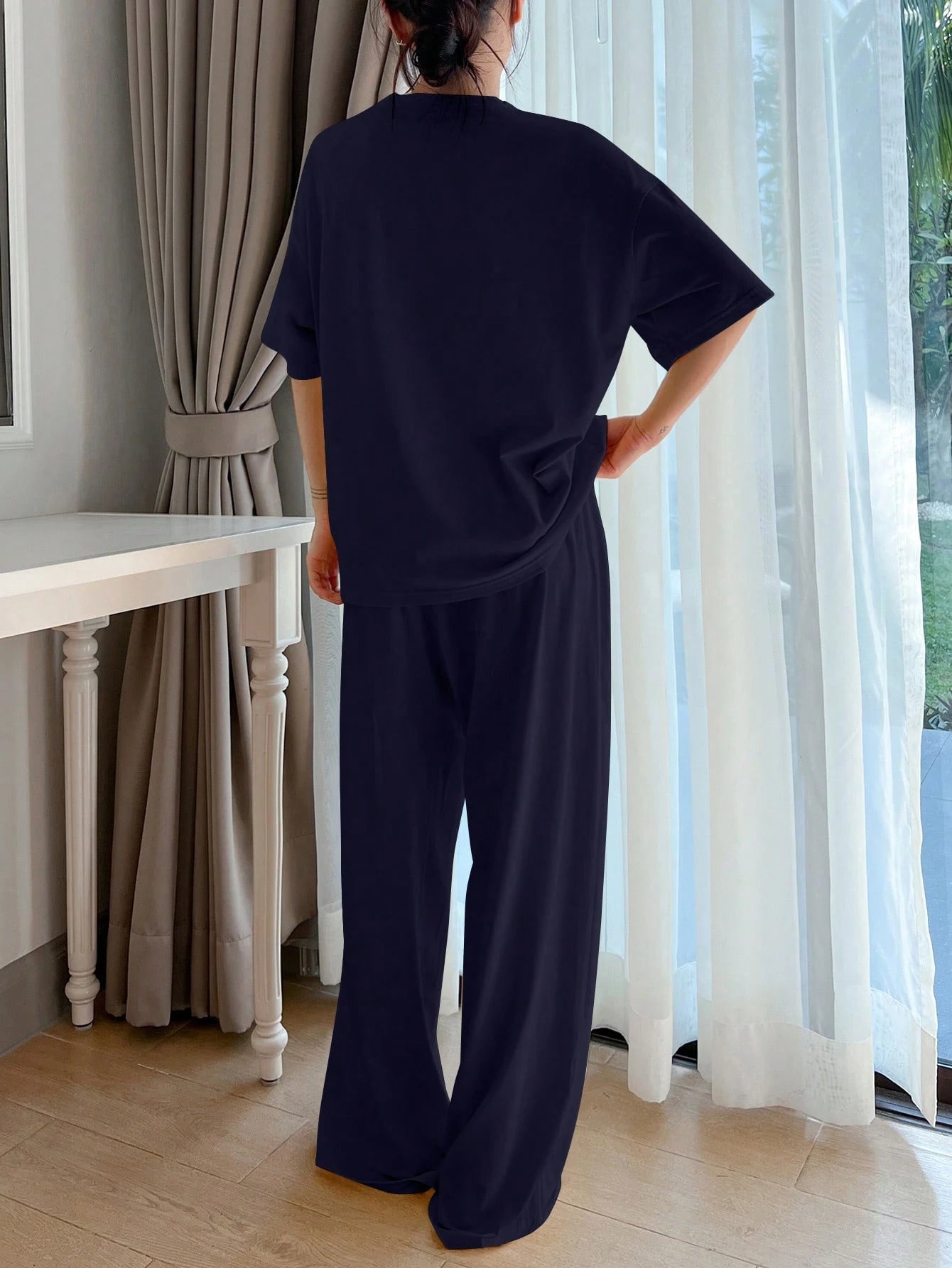 2pcs Women Loose Short Sleeve Pajama Set