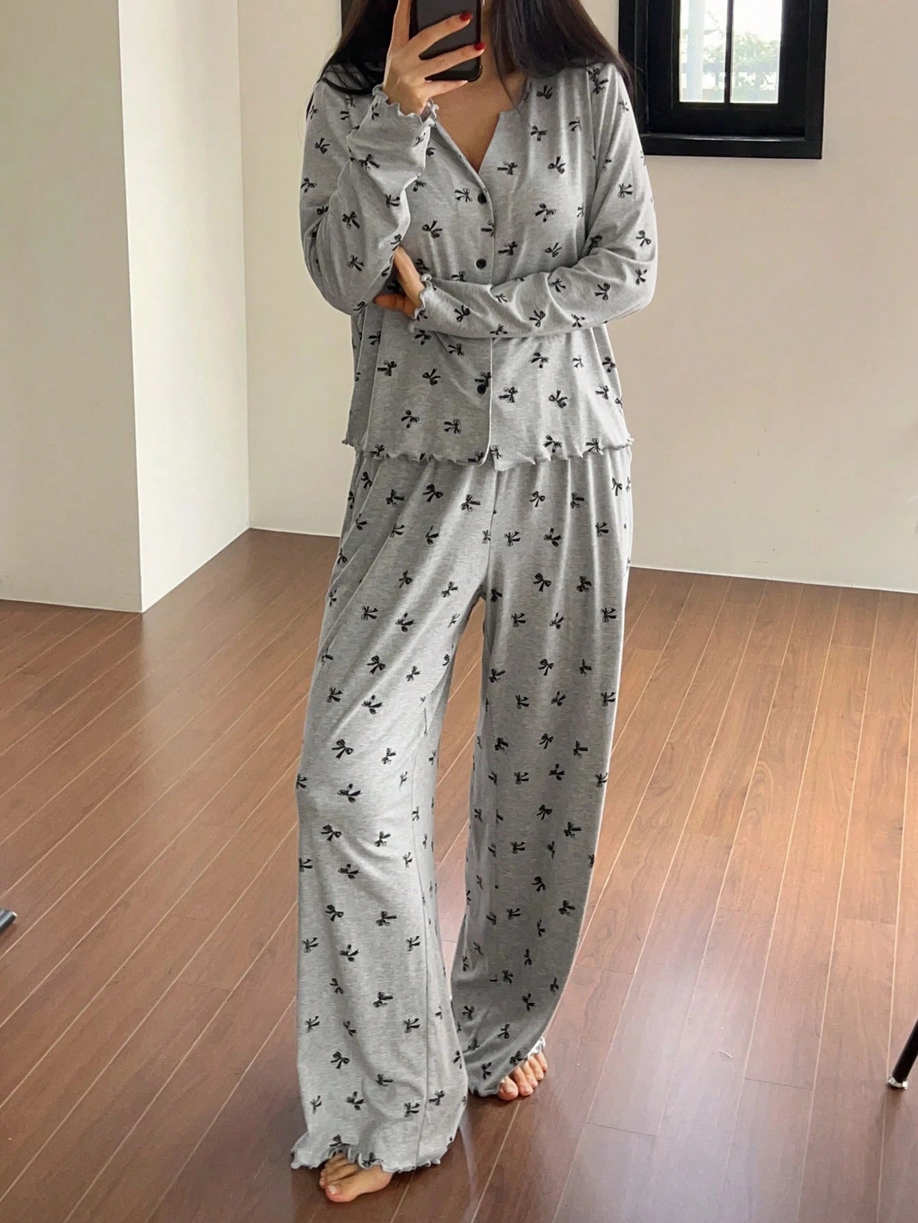 2pcs Allover Bow Print Knit Top And Pants