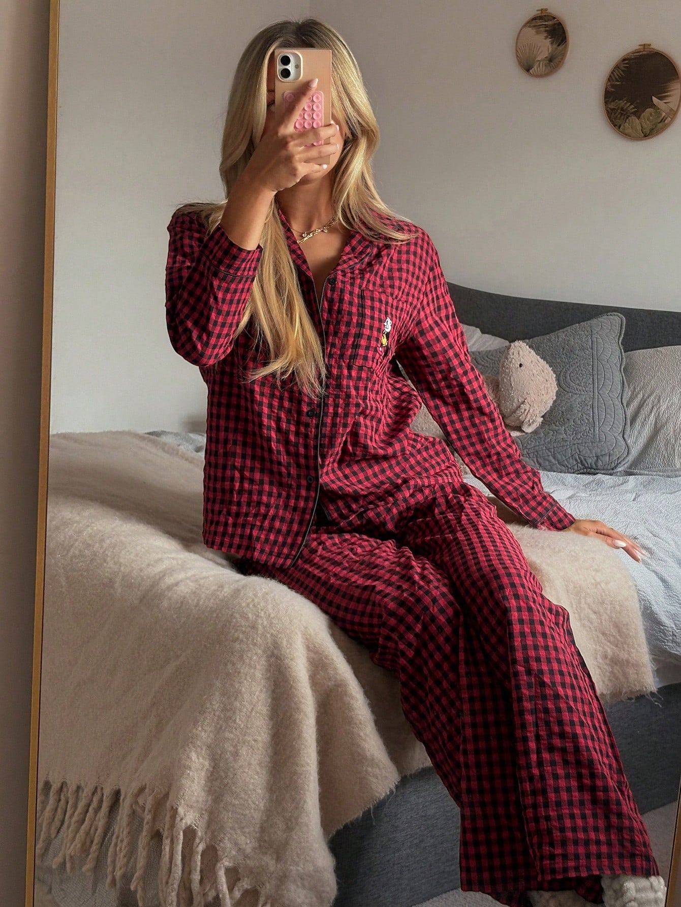 Women's Plaid Embroidery Pattern Long Sleeve Long Pants Pajama Set