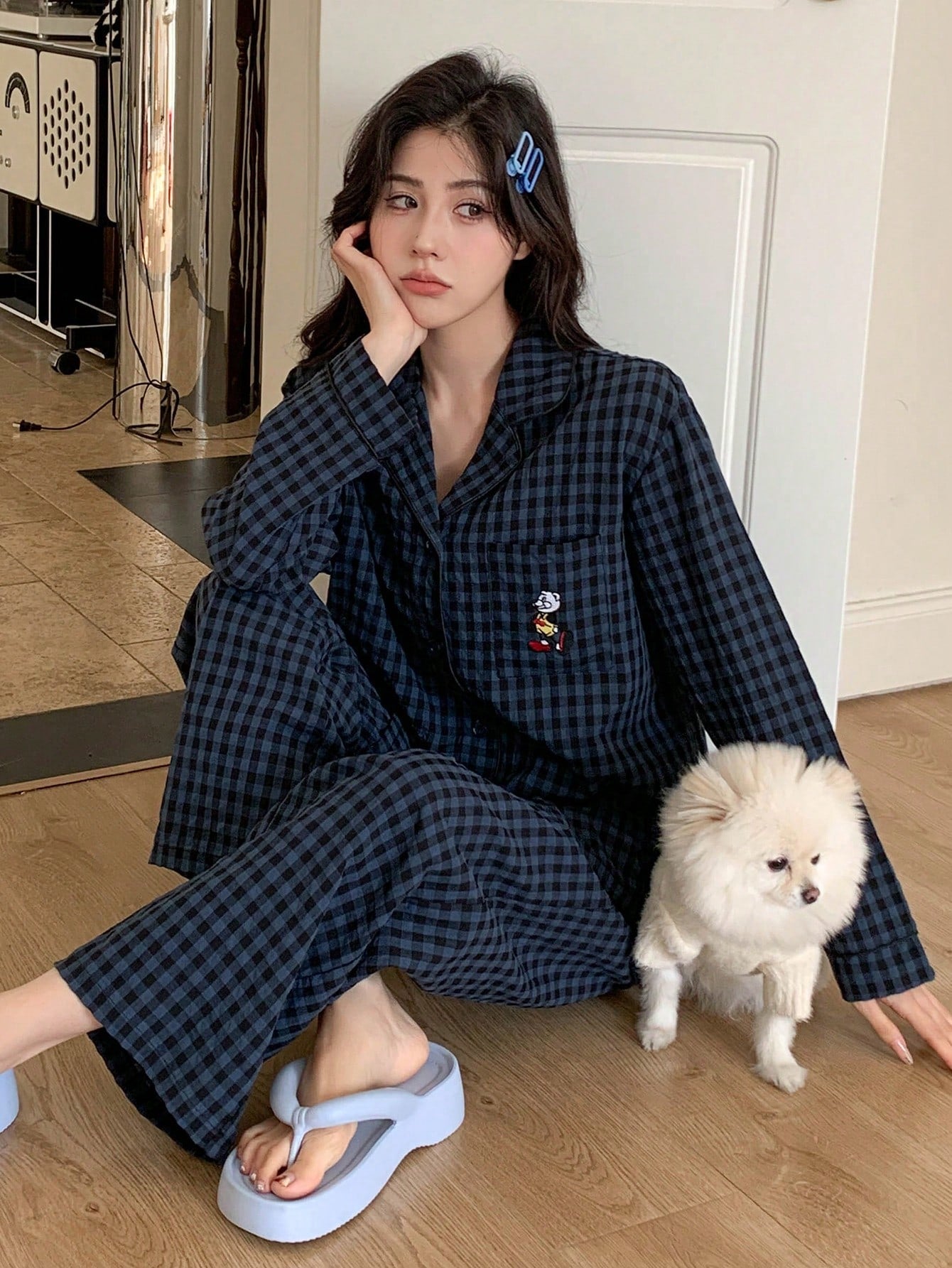 Women's Plaid Embroidery Pattern Long Sleeve Long Pants Pajama Set