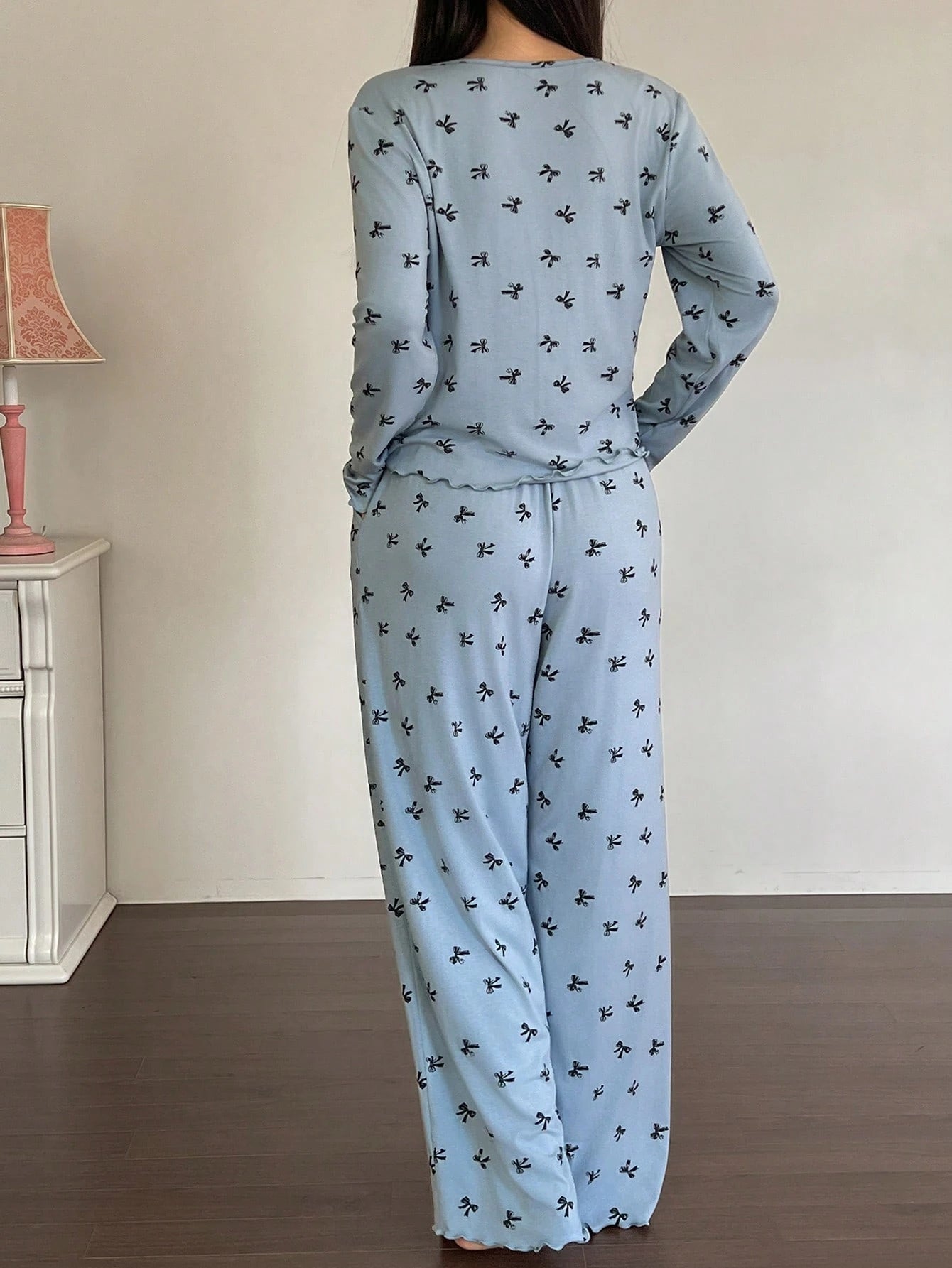 2pcs Allover Bow Print Knit Top And Pants