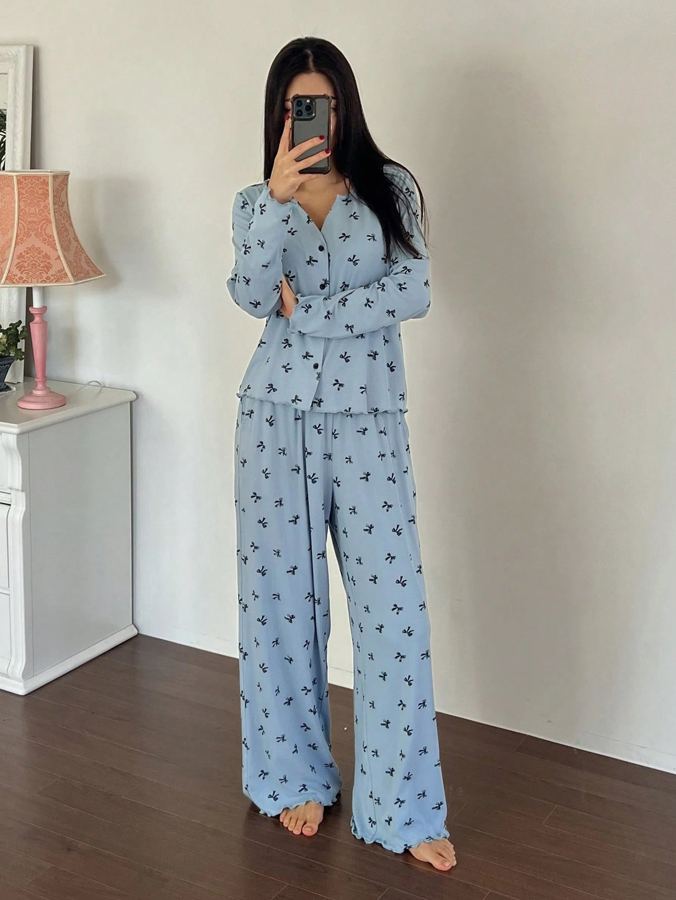 2pcs Allover Bow Print Knit Top And Pants