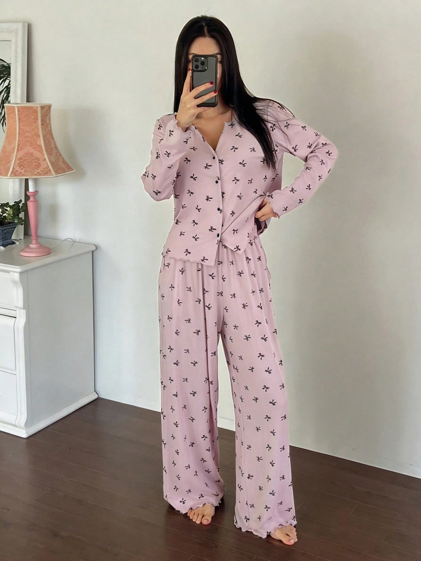 2pcs Allover Bow Print Knit Top And Pants