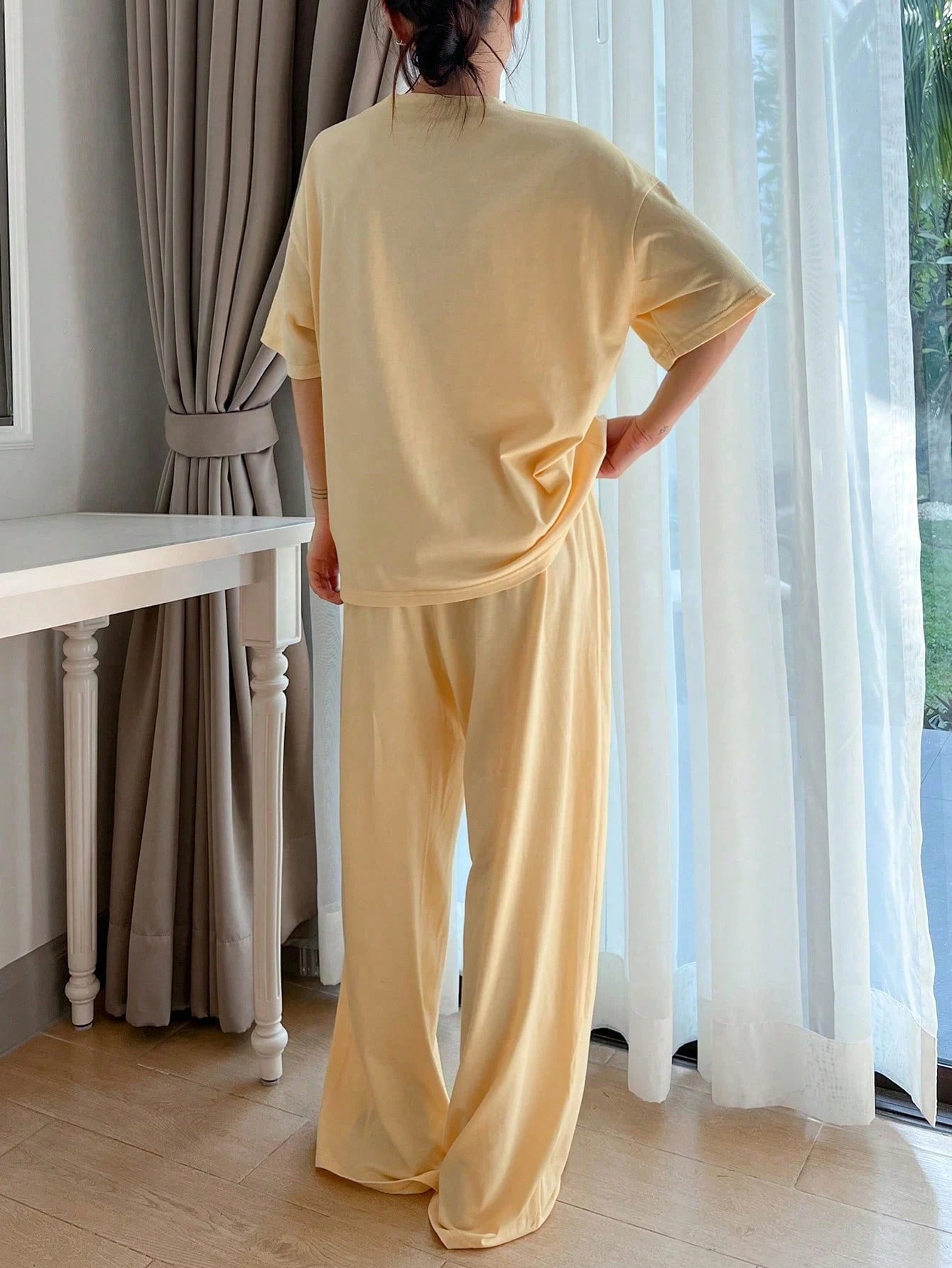 2pcs Women Loose Short Sleeve Pajama Set