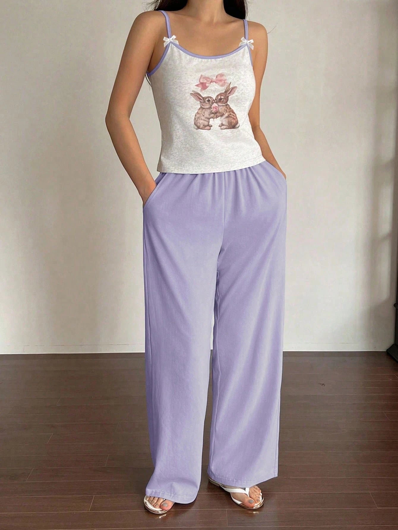 Contrast Color Cute Rabbit Pattern Cami Top & Coat And Solid Color Pants