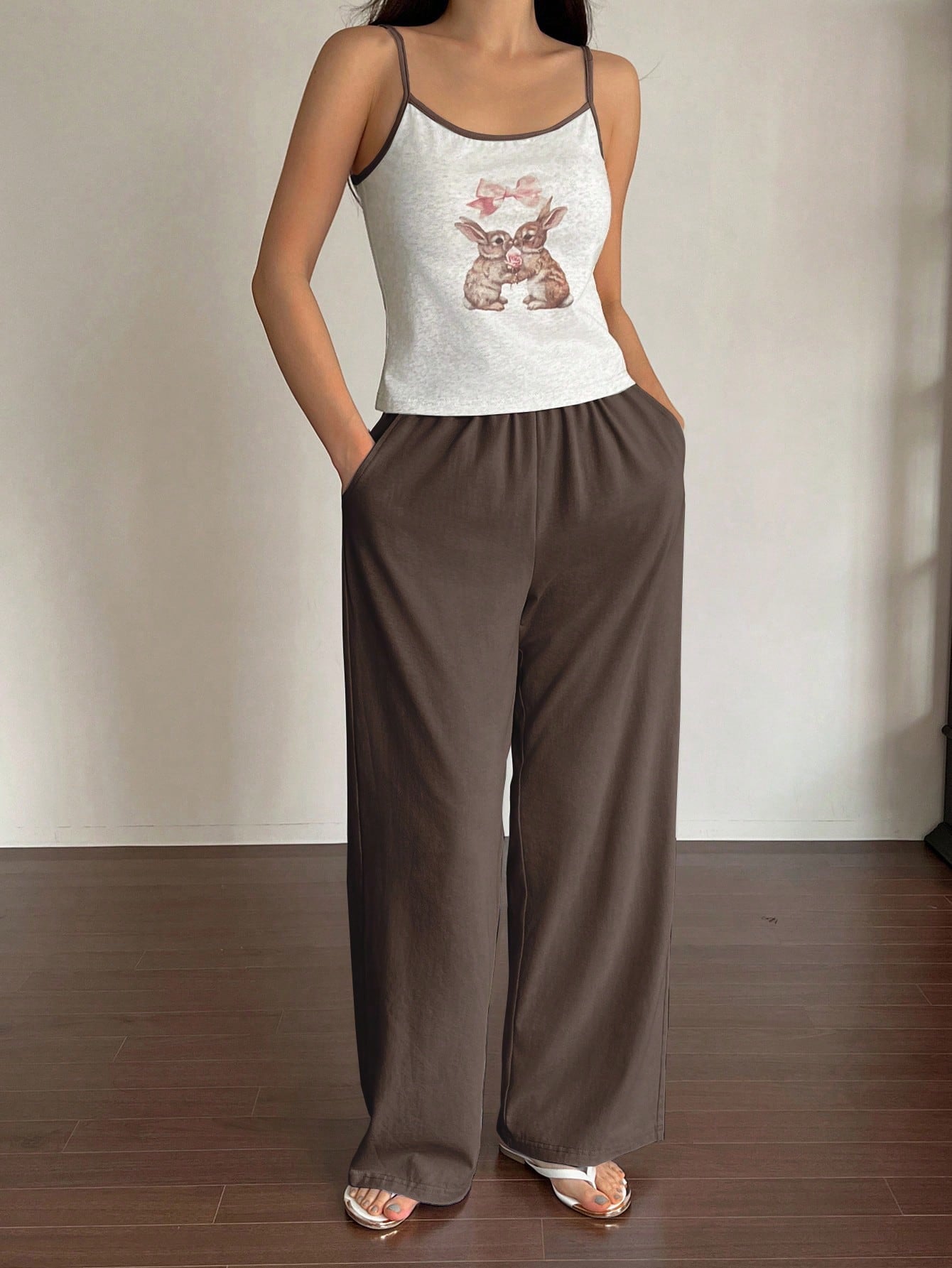 Contrast Color Cute Rabbit Pattern Cami Top & Coat And Solid Color Pants