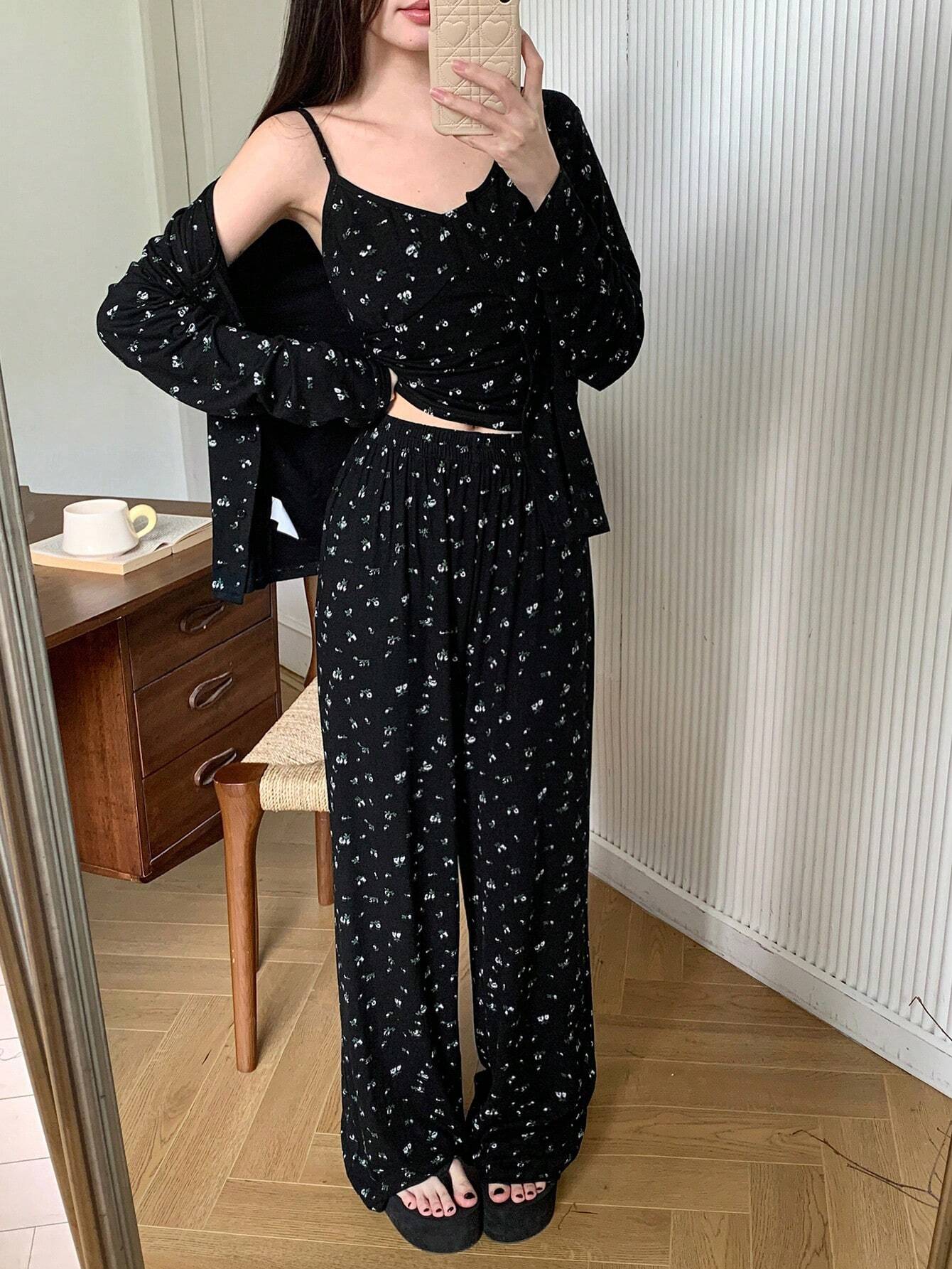 3pcs Ditsy Floral Camisole, Cardigan And Pants Sleepwear Set