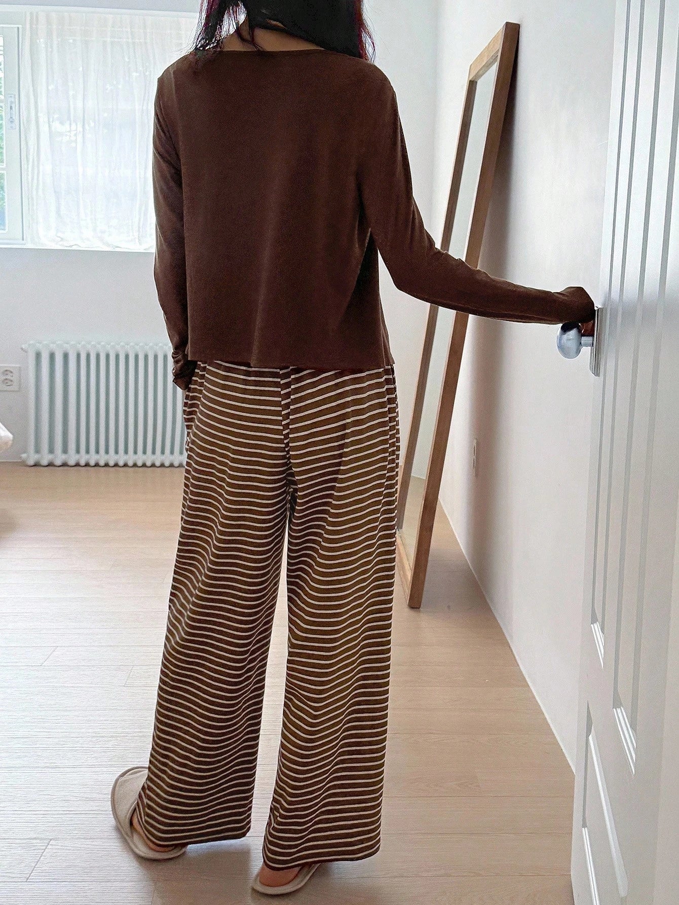 3pcs/Set Casual Solid Color Cardigan, Camisole Top & Striped Pants