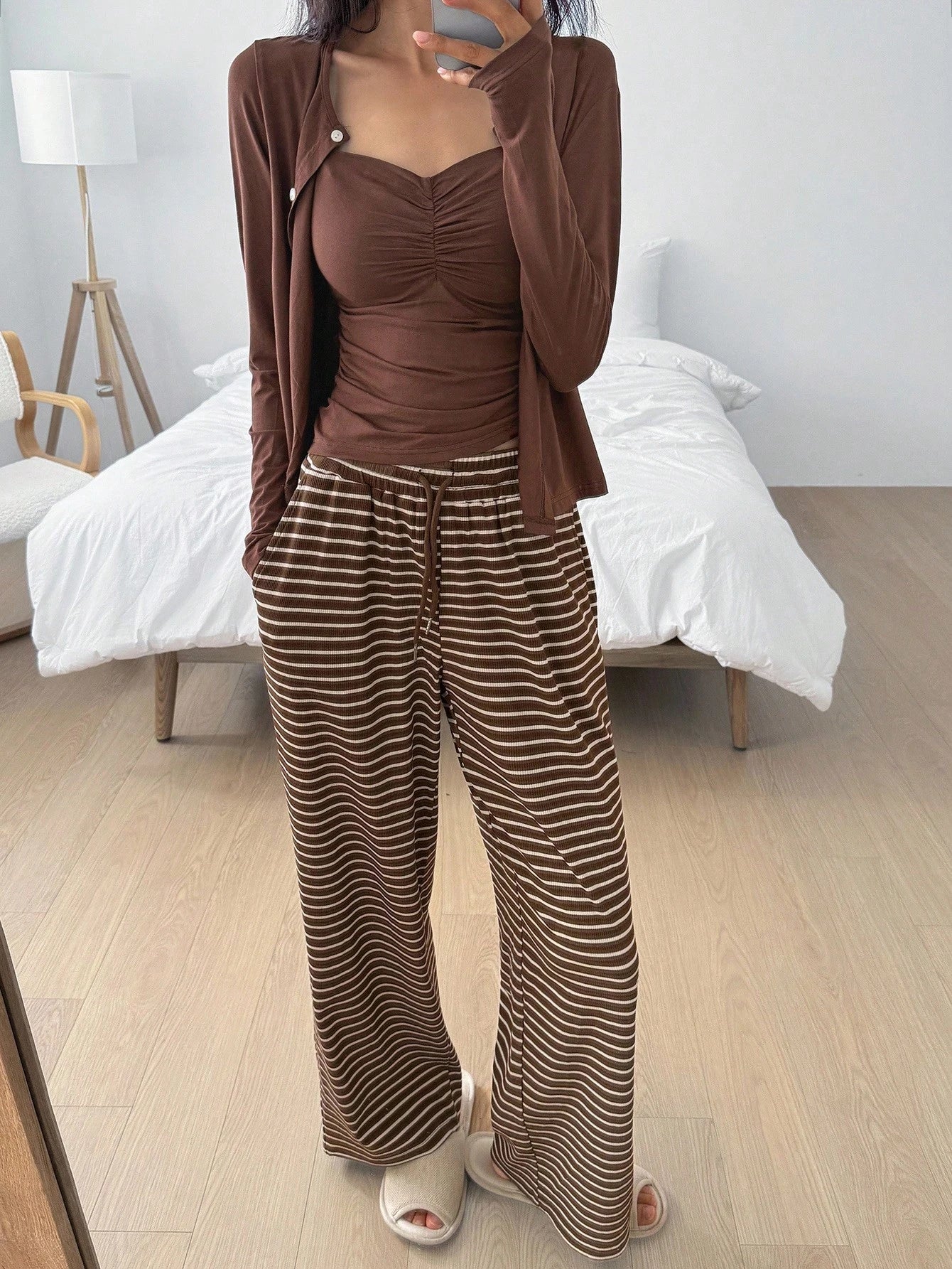 3pcs/Set Casual Solid Color Cardigan, Camisole Top & Striped Pants