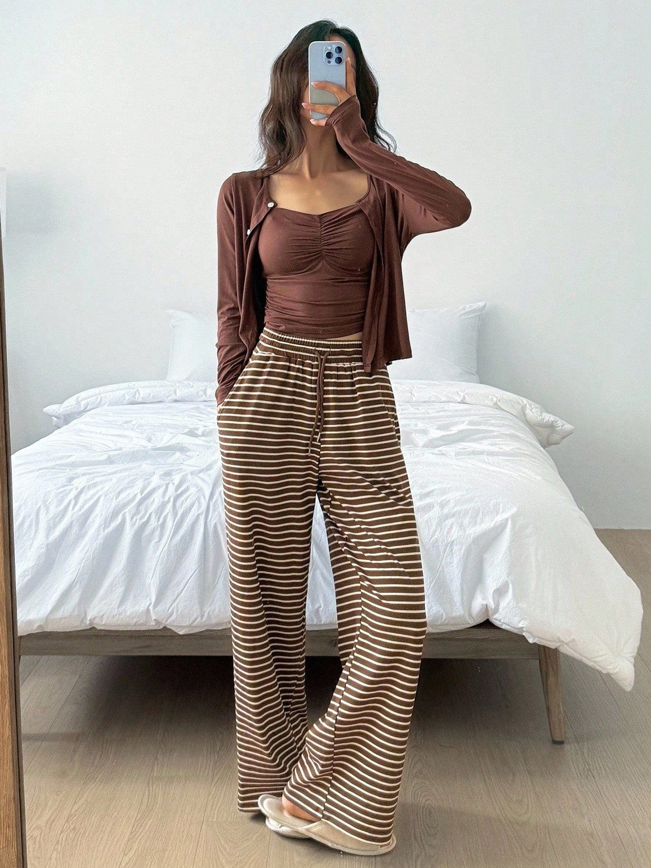 3pcs/Set Casual Solid Color Cardigan, Camisole Top & Striped Pants