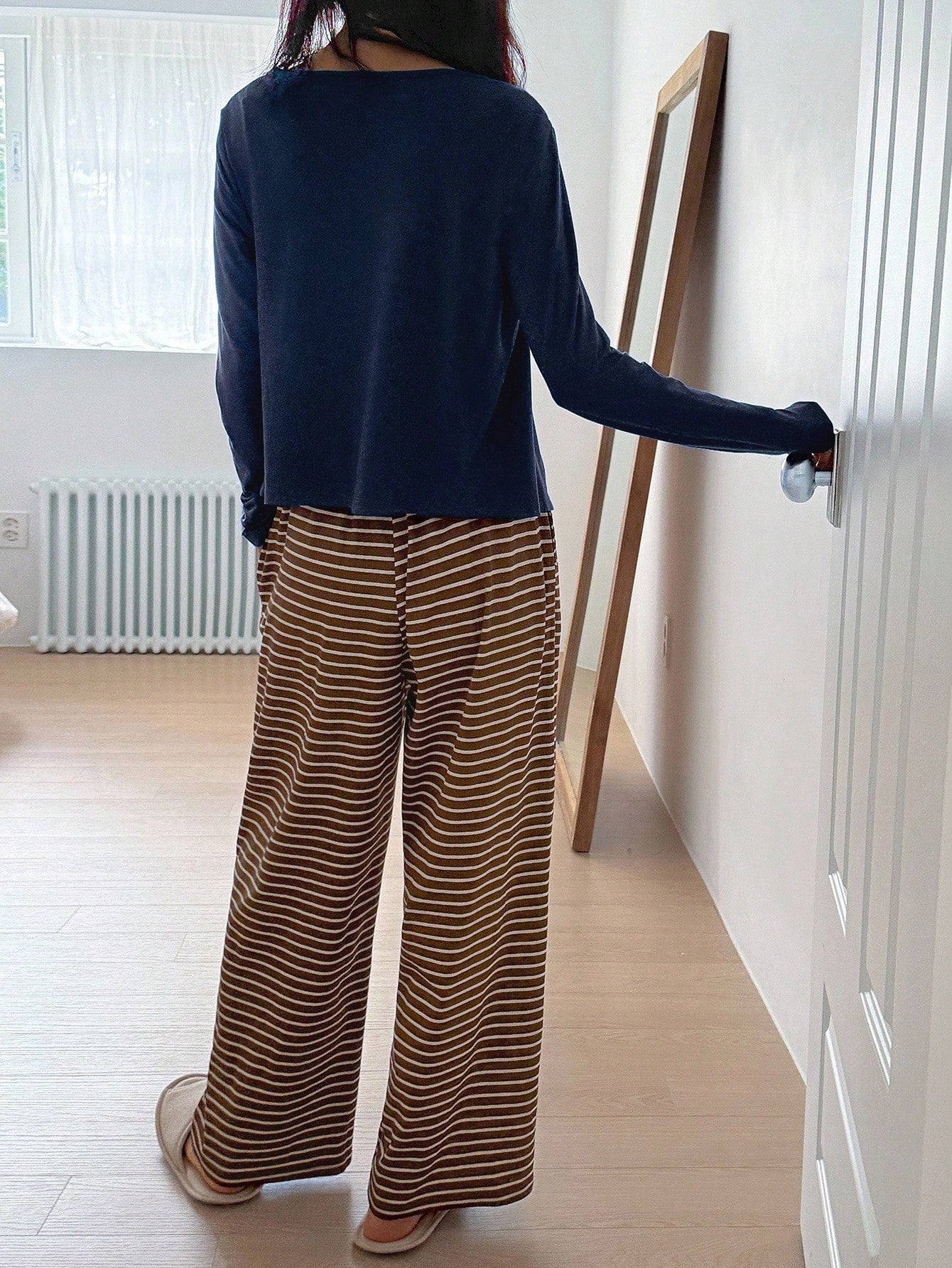 3pcs/Set Casual Solid Color Cardigan, Camisole Top & Striped Pants