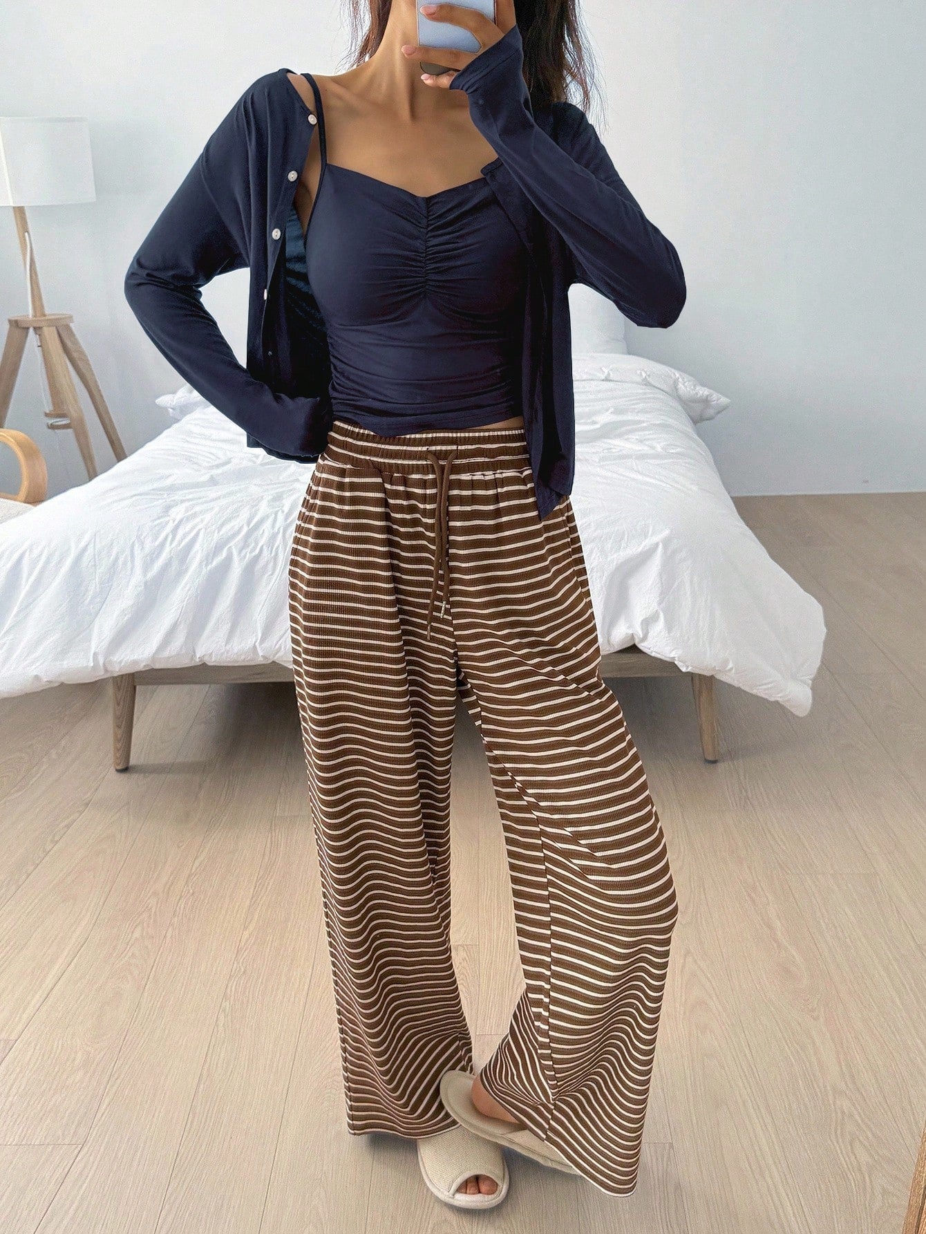 3pcs/Set Casual Solid Color Cardigan, Camisole Top & Striped Pants