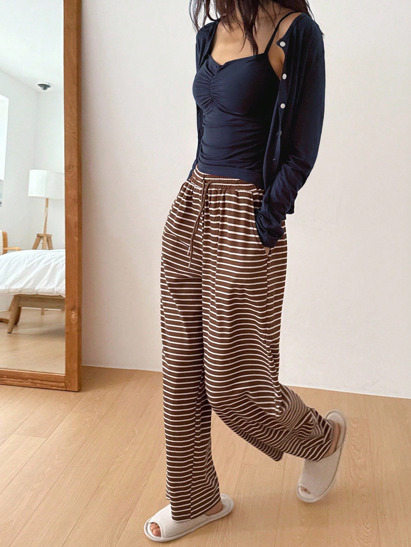 3pcs/Set Casual Solid Color Cardigan, Camisole Top & Striped Pants