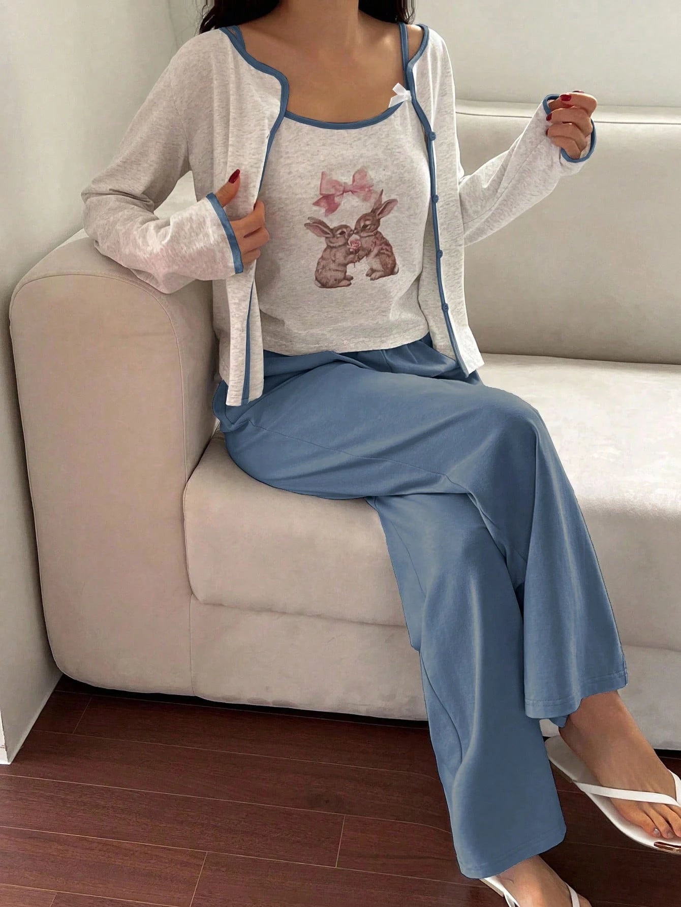 Contrast Color Cute Rabbit Pattern Cami Top & Coat And Solid Color Pants