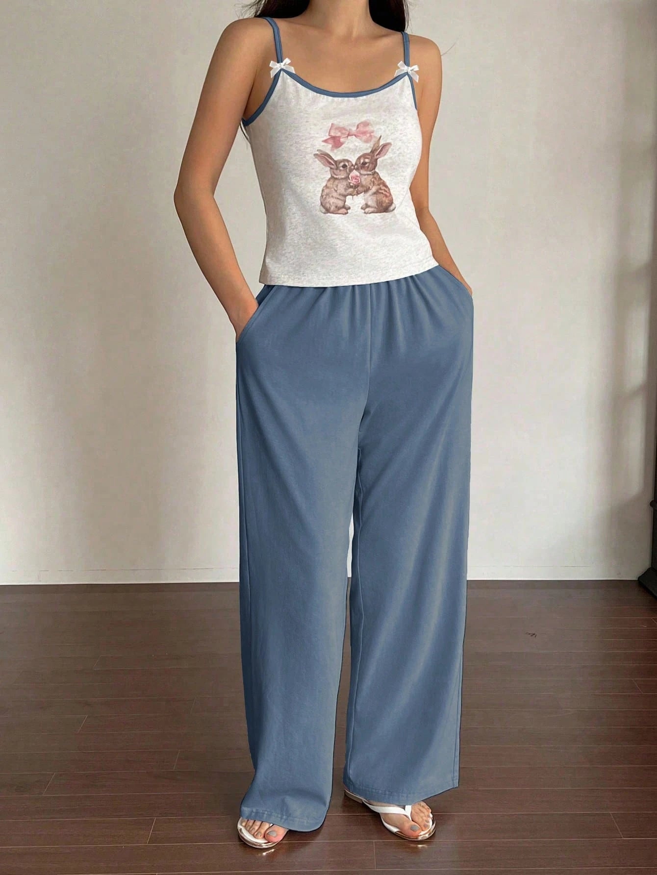 Contrast Color Cute Rabbit Pattern Cami Top & Coat And Solid Color Pants