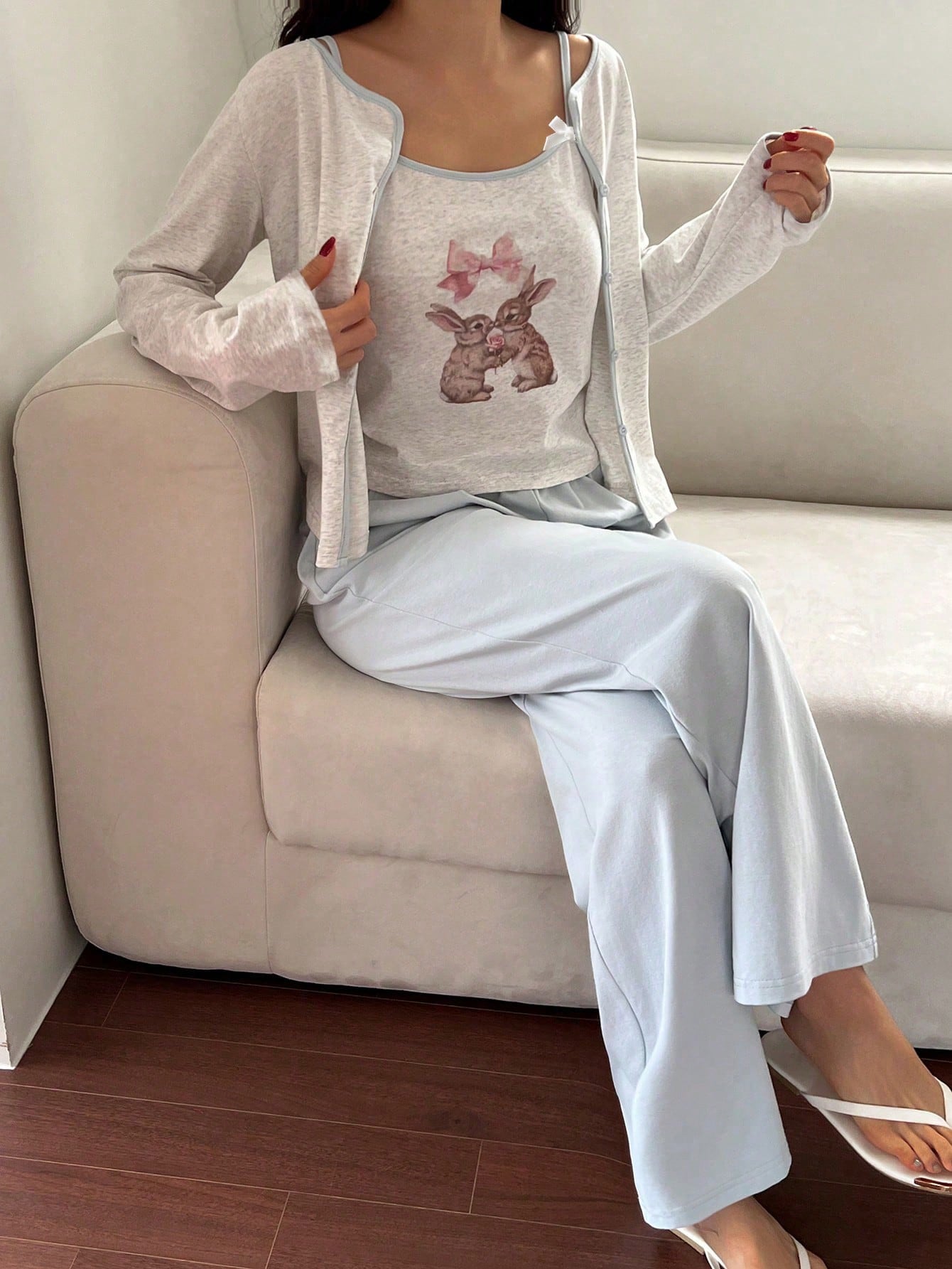 Contrast Color Cute Rabbit Pattern Cami Top & Coat And Solid Color Pants