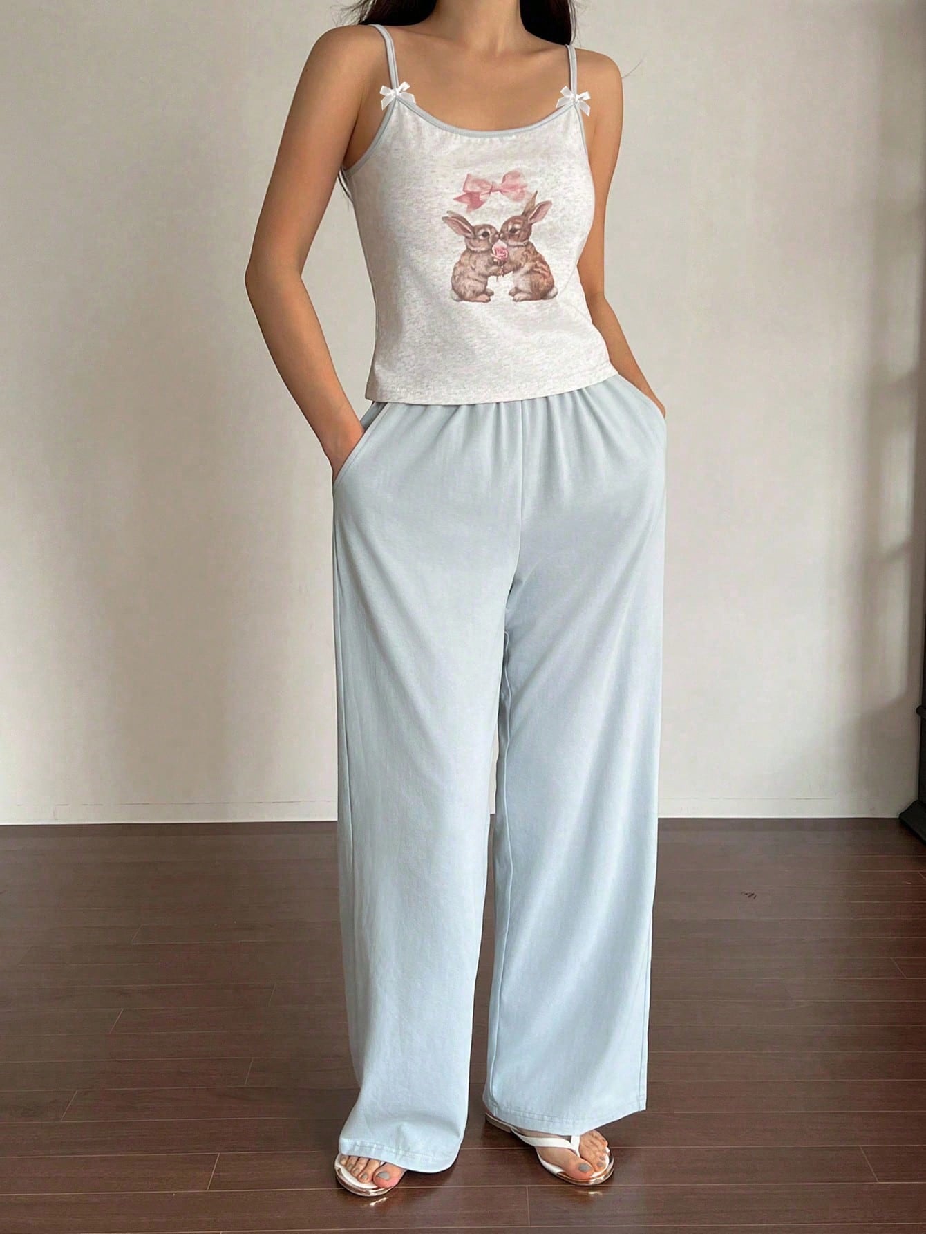 Contrast Color Cute Rabbit Pattern Cami Top & Coat And Solid Color Pants