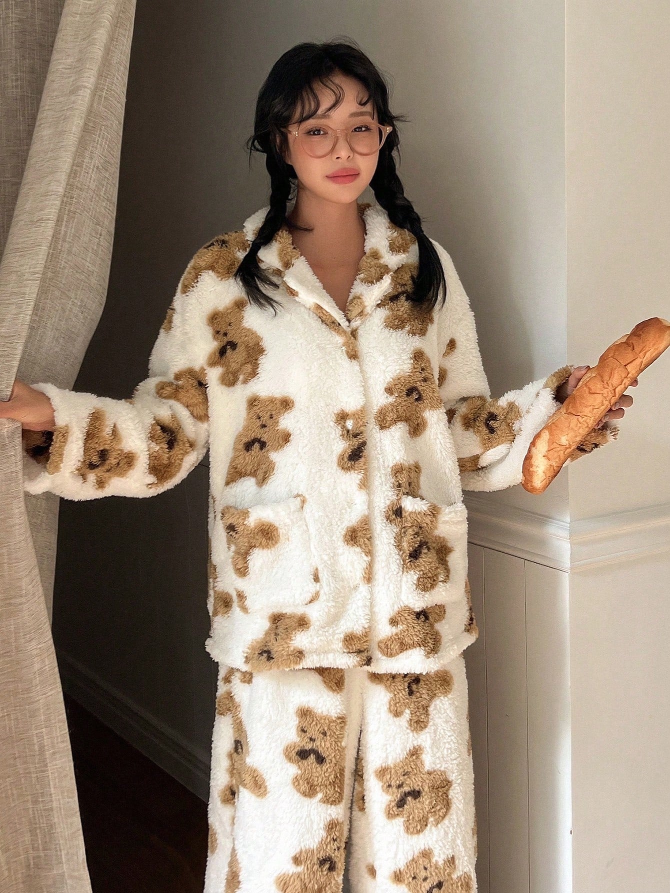 DAZY Bear Pattern Drop Shoulder Flannel Lounge Set