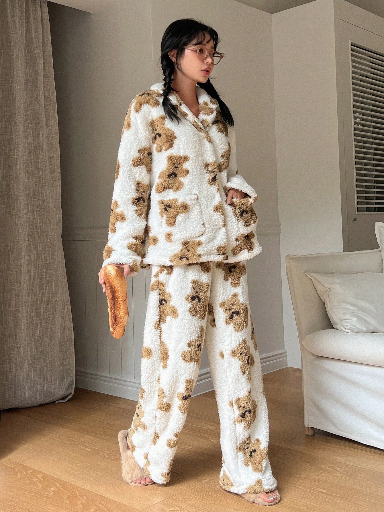 DAZY Bear Pattern Drop Shoulder Flannel Lounge Set