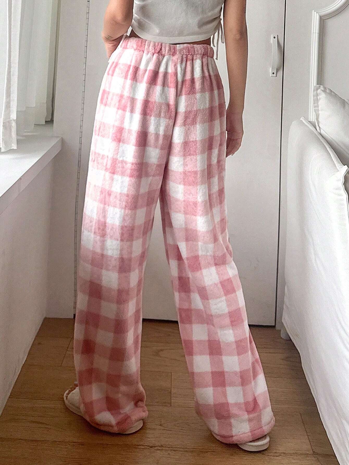 DAZY Plaid Pattern Fleece Straight Leg Loungewear Cozy Pants