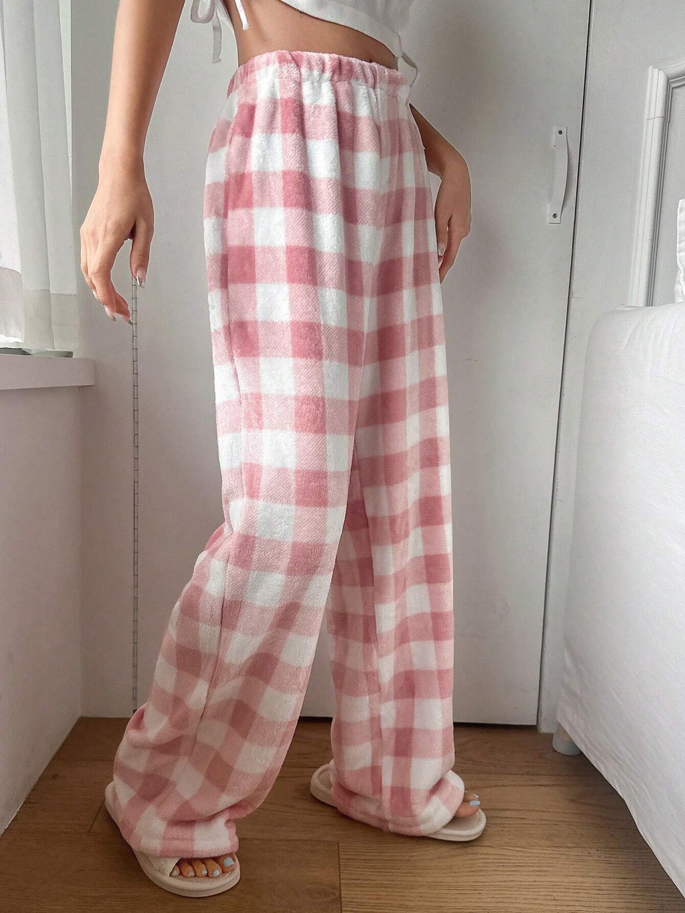 DAZY Plaid Pattern Fleece Straight Leg Loungewear Cozy Pants