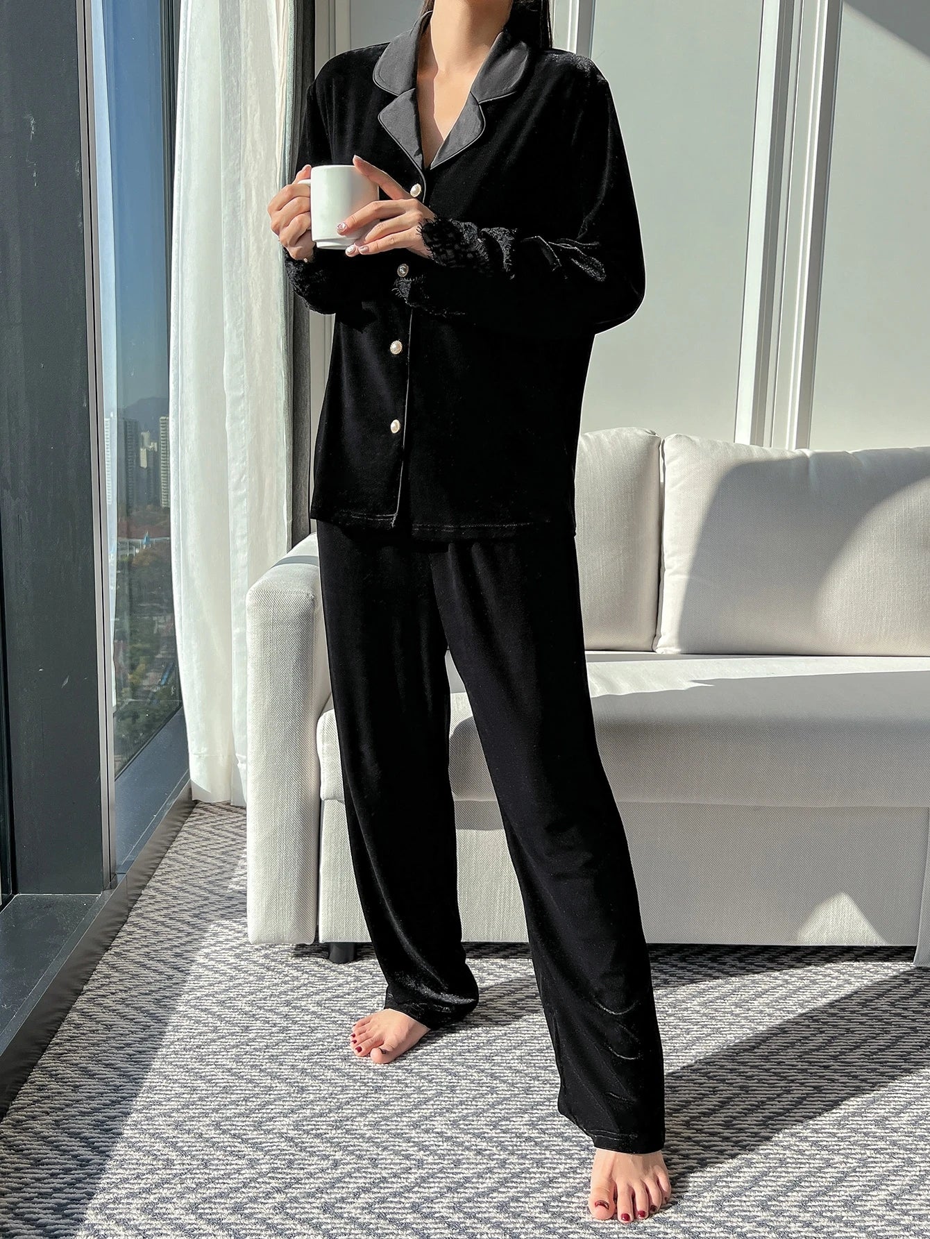 DAZY Lace Panel Lapel Neck Velvet Top & Pants Pajama Set