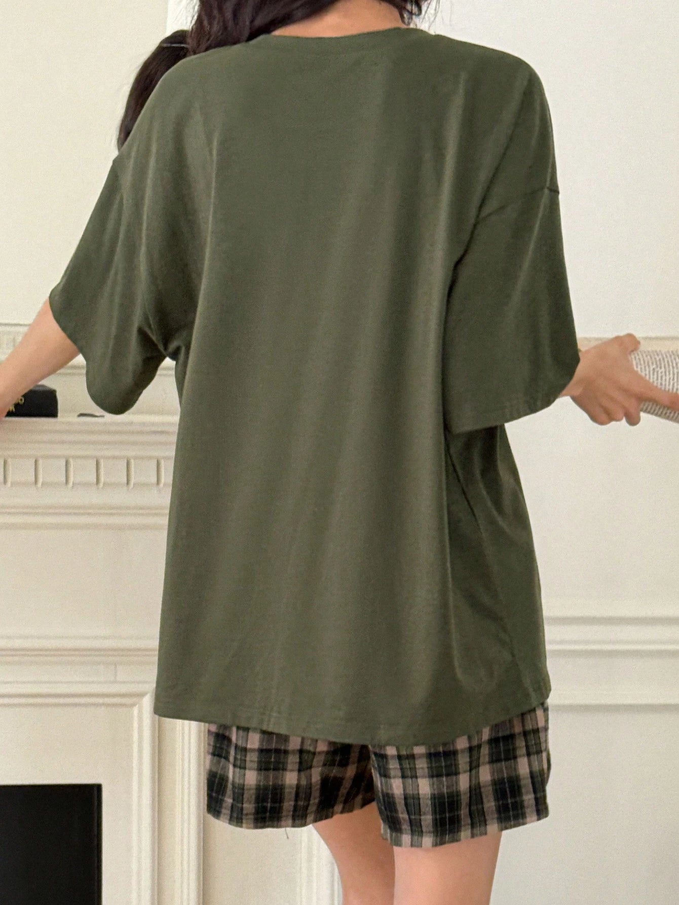 DAZY Loose Fit Letter Print T-Shirt & Plaid Shorts Pajama Set