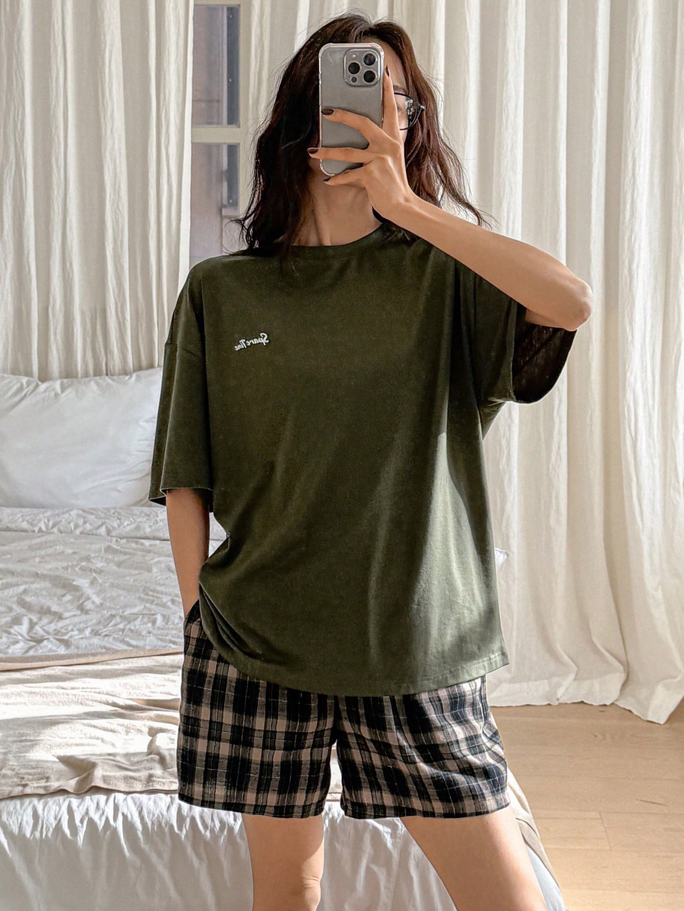 DAZY Loose Fit Letter Print T-Shirt & Plaid Shorts Pajama Set