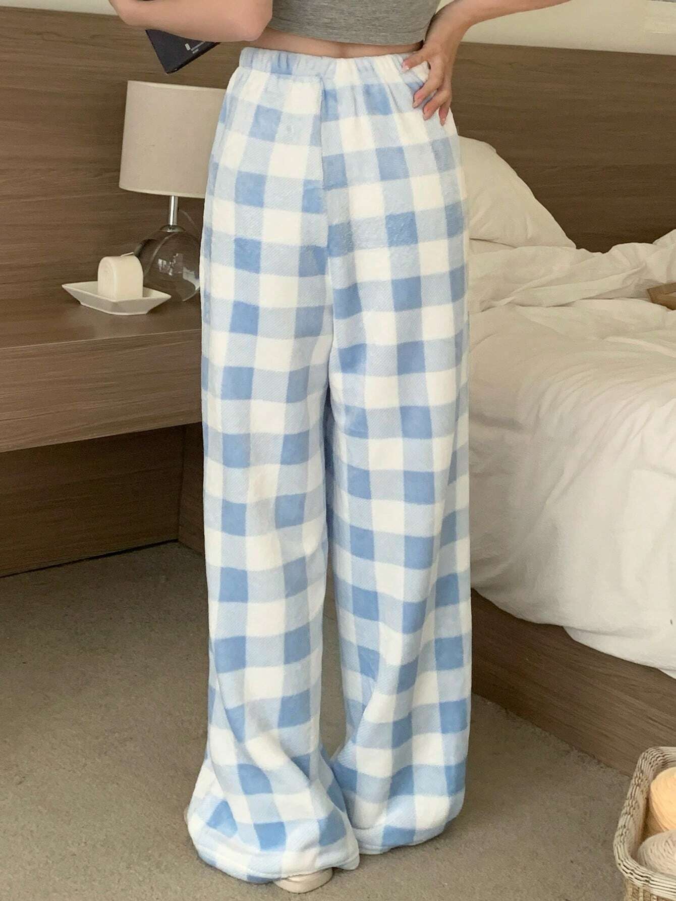 DAZY Plaid Pattern Fleece Straight Leg Loungewear Cozy Pants