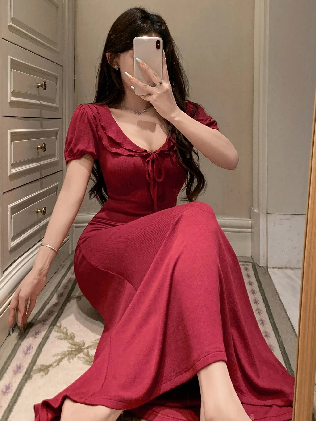 DAZY Plain Color Ruffled Deep Round Neck Waist Cinched Long Dress Home Wear