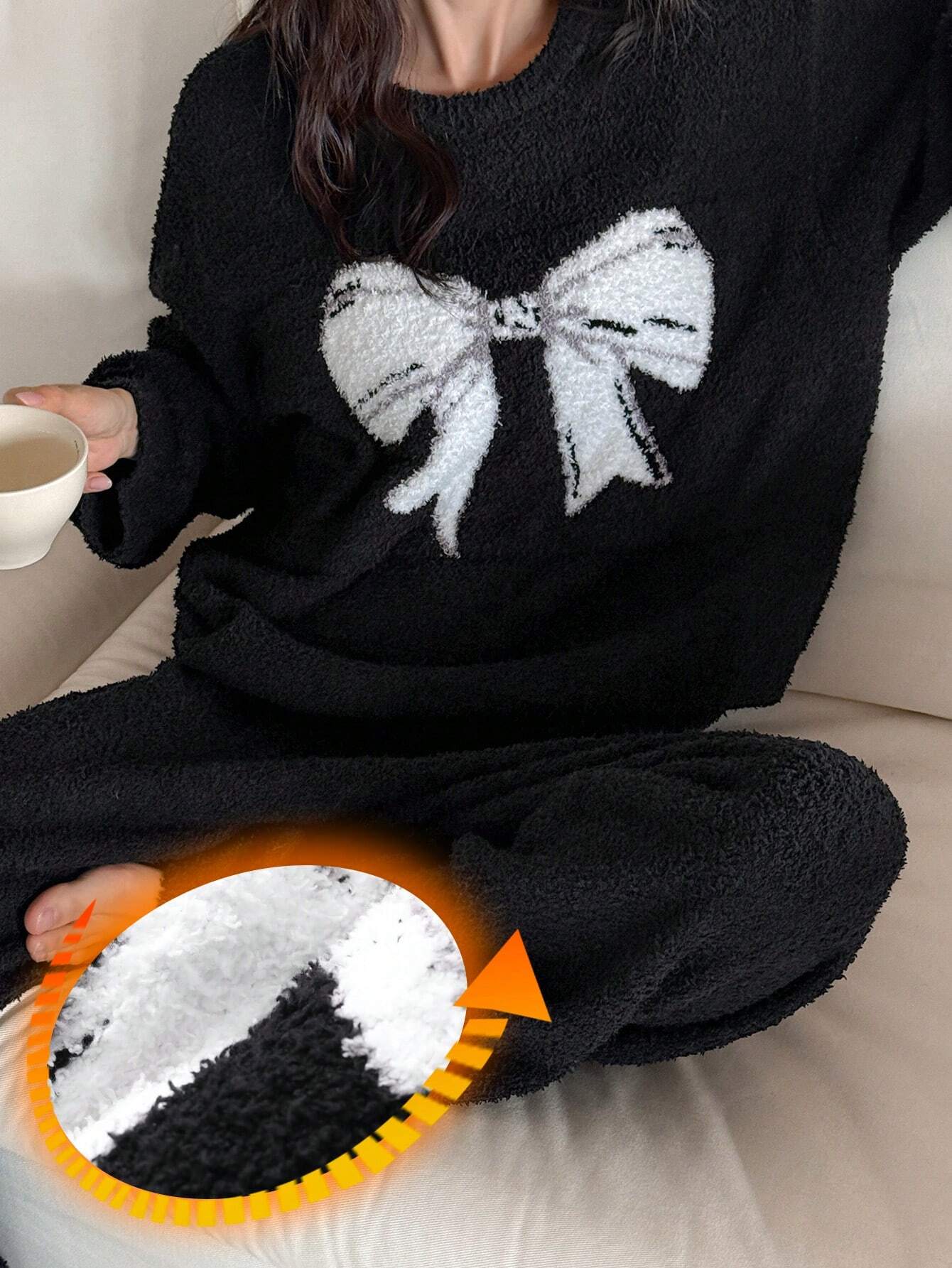 DAZY 1 Set Women's Plush Fabric Bow Pattern Loose Fit Sleepwear Pajama Set