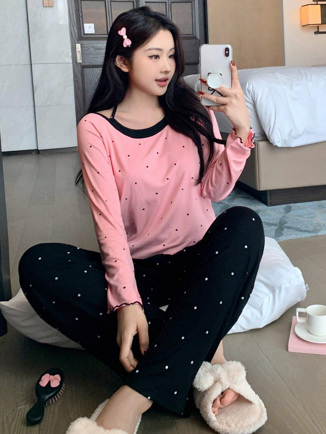 DAZY Polka Dot Print 2 In 1 Ruffled Edge Halter Neckline Loungewear Set