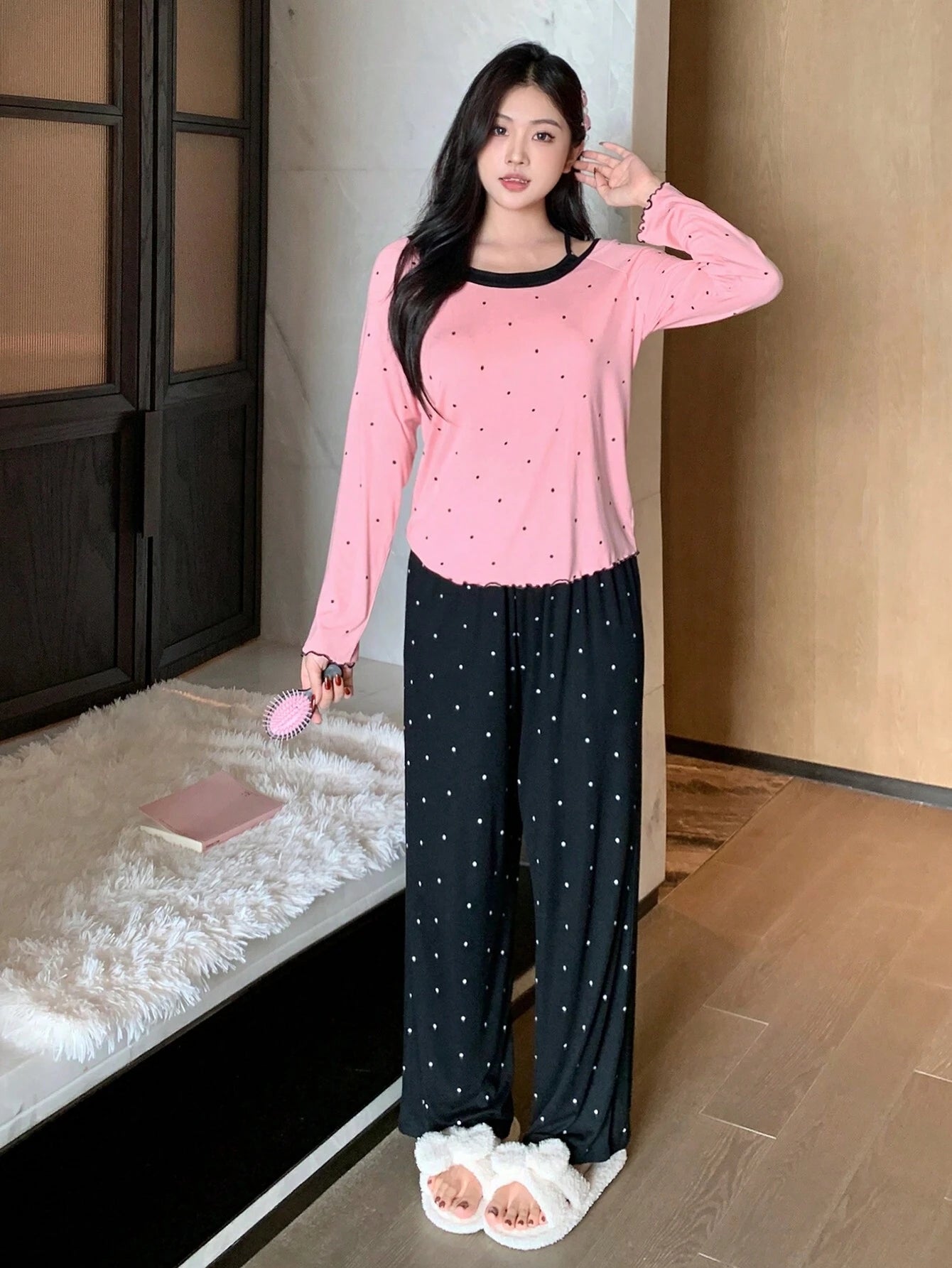 DAZY Polka Dot Print 2 In 1 Ruffled Edge Halter Neckline Loungewear Set