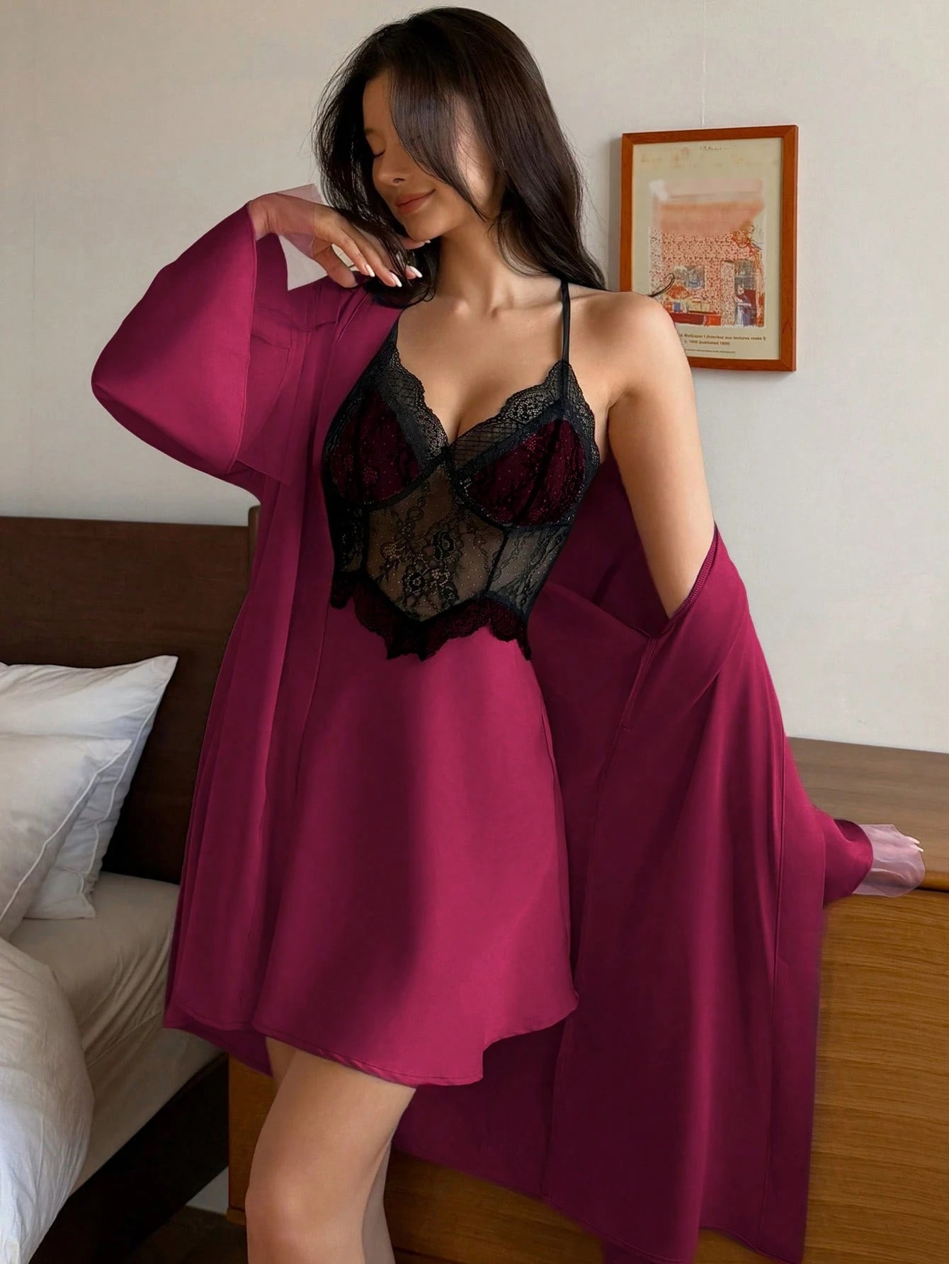 DAZY Satin Lace Patchwork Sexy Slim Camisole Dress & Robe Sleepwear Set