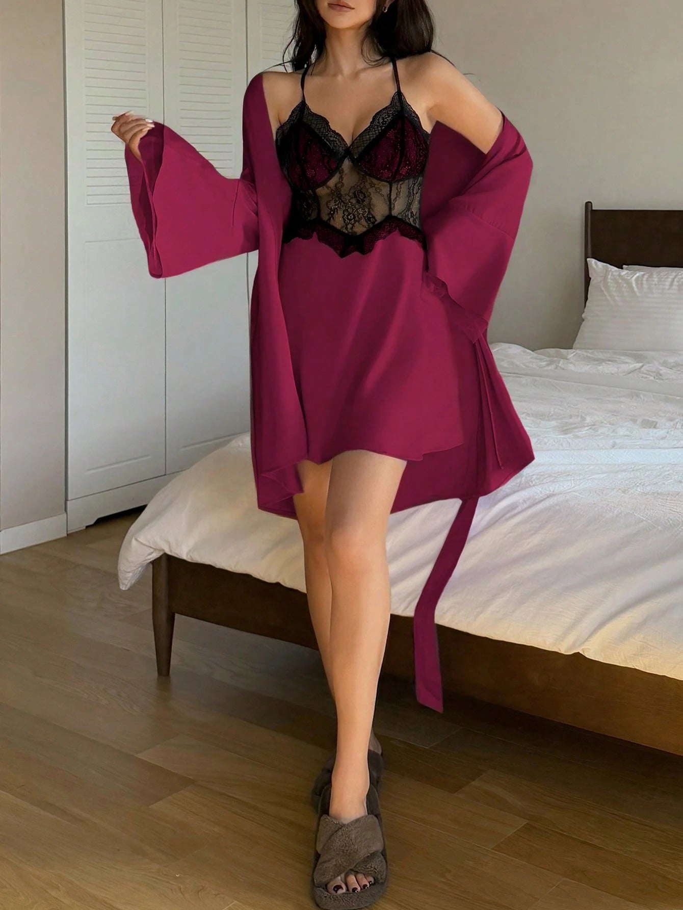 DAZY Satin Lace Patchwork Sexy Slim Camisole Dress & Robe Sleepwear Set